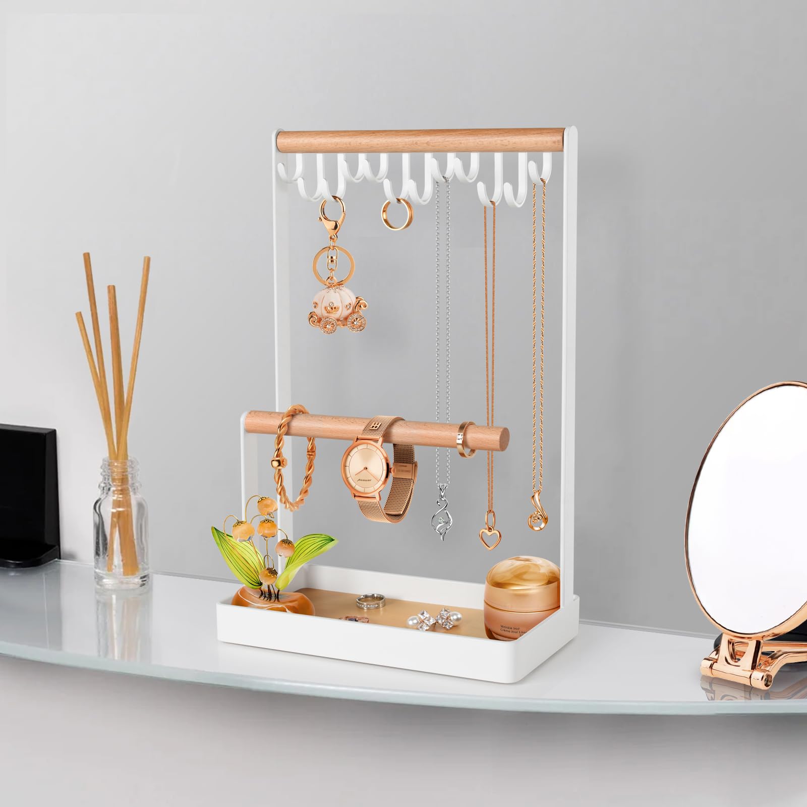 PAMANO 3-Tier Wooden Jewelry Organizer Stand - Necklace Holder with 12 Hooks, Earring Tray & Bracelet Display Rack for Rings, Watches Storage | Perfect for Bedroom Vanity, Closet Organization & Jewelry Store Display