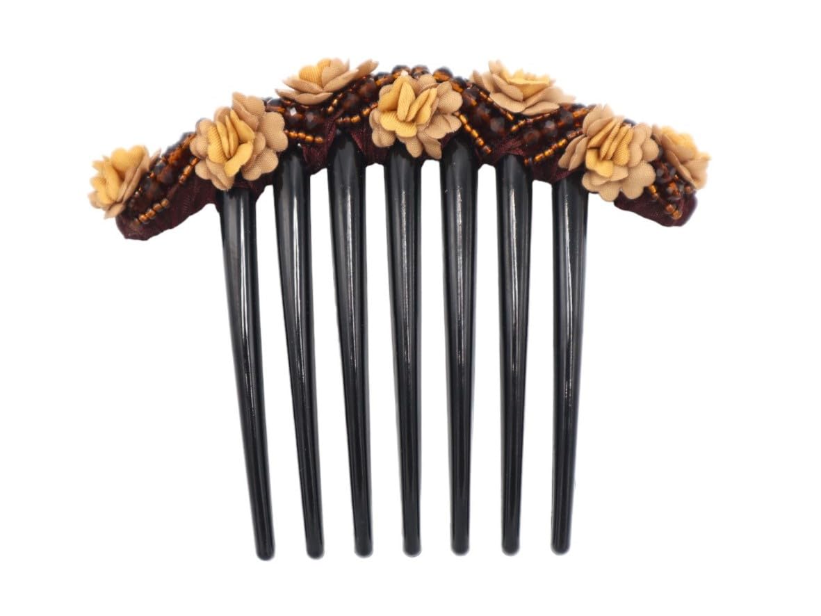 Handmade Fabric Daisy Flower Side Comb Hair Accessories for French Twist & Wedding Hairstyles - Decorative Brown Hair Comb for Bridal, Prom & Special Occasions