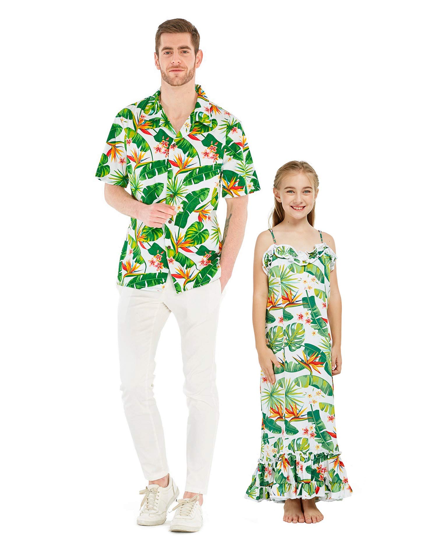 Father Daughter Matching Hawaiian Luau Dance Shirts & Muumuu Dresses - Tropical Bird of Paradise Print for Beach Party, Family Vacation & Hula Dance Performance