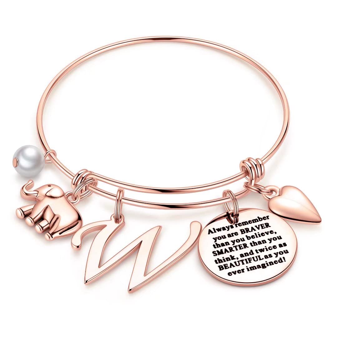 Rose Gold Initial Elephant Charm Bracelet for Women, Girls, Mom & Daughter - Inspirational Jewelry Gift for Birthday, Friendship & Special Occasions - Perfect for Everyday Wear, Parties & Gifting