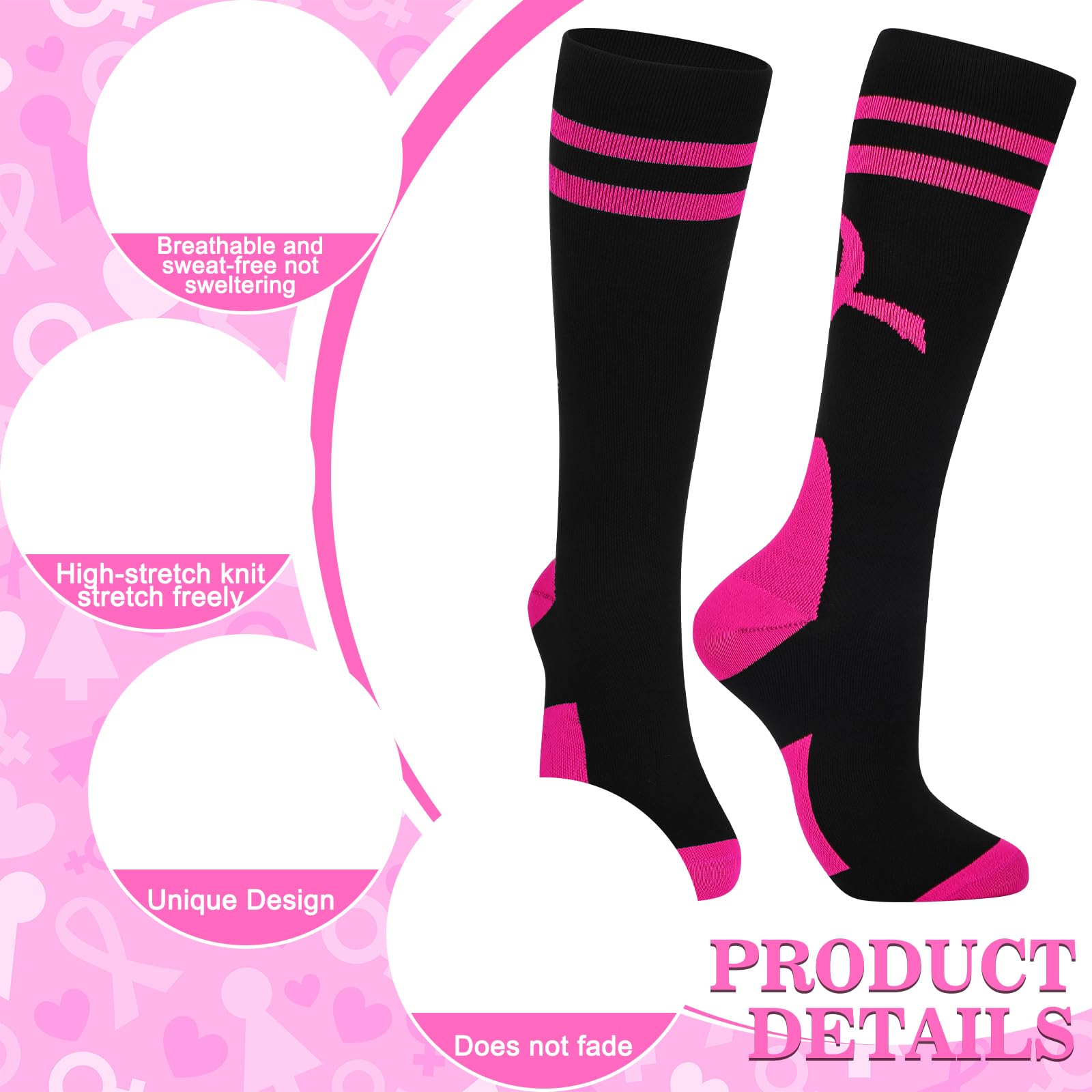 24 Pairs Breast Cancer Awareness Socks - Pink Ribbon Calf Socks for Women & Men - Soft Comfortable Athletic Socks for Softball, Soccer, Football - Show Support for Cancer Survivors & Awareness Campaigns