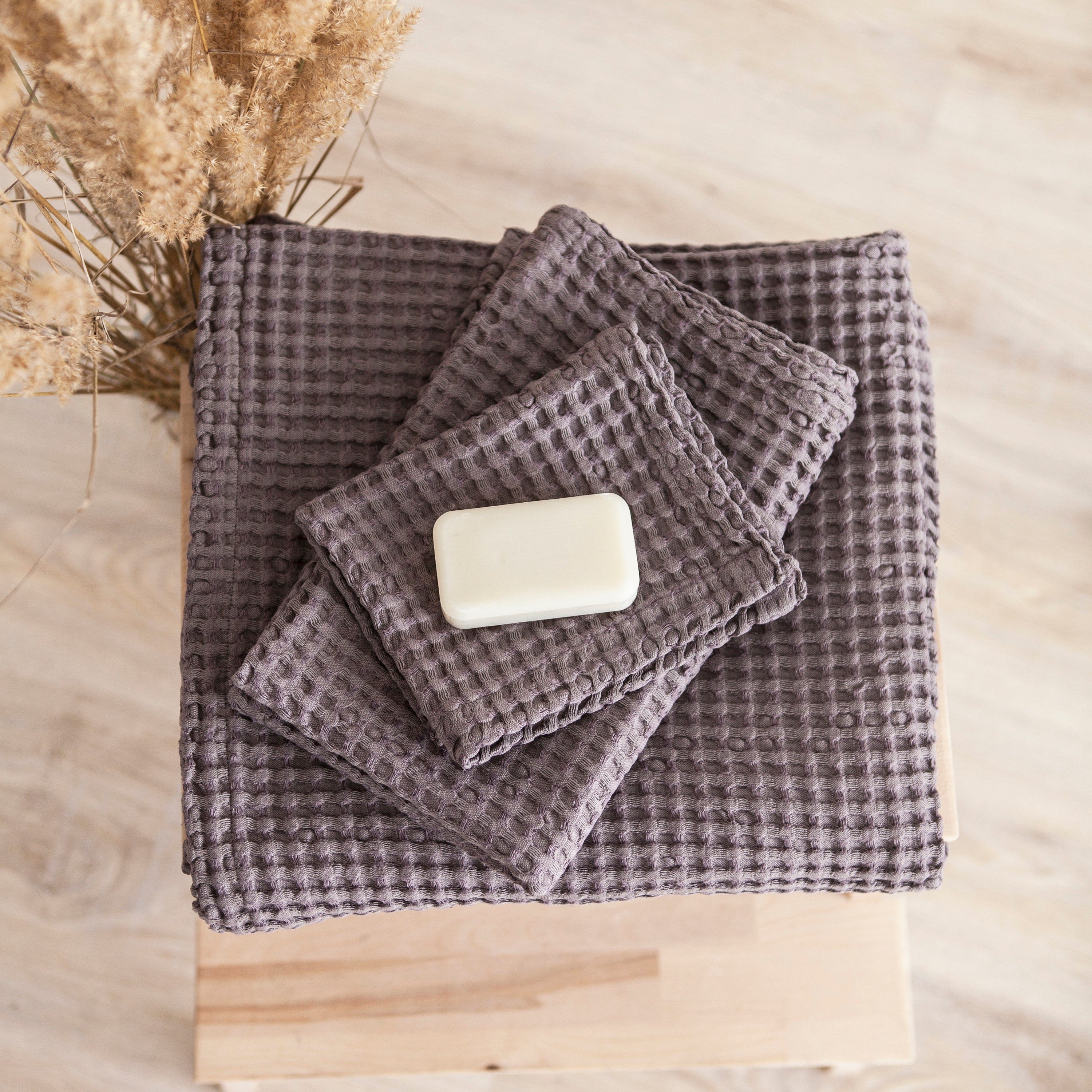 Premium Grey Waffle Bath Towel Set (3 Pack) - Soft & Absorbent Cotton Towels for Spa, Gym, and Beach Use