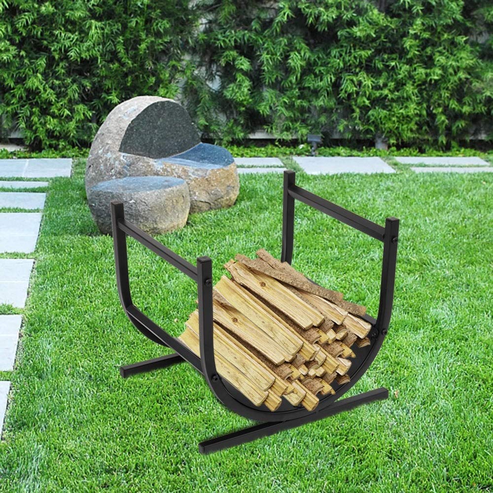Black Iron U-Shaped Firewood Log Rack Holder - Outdoor Wood Storage for Fireplace, Camping & Backyard - Heavy Duty & Rust-Resistant