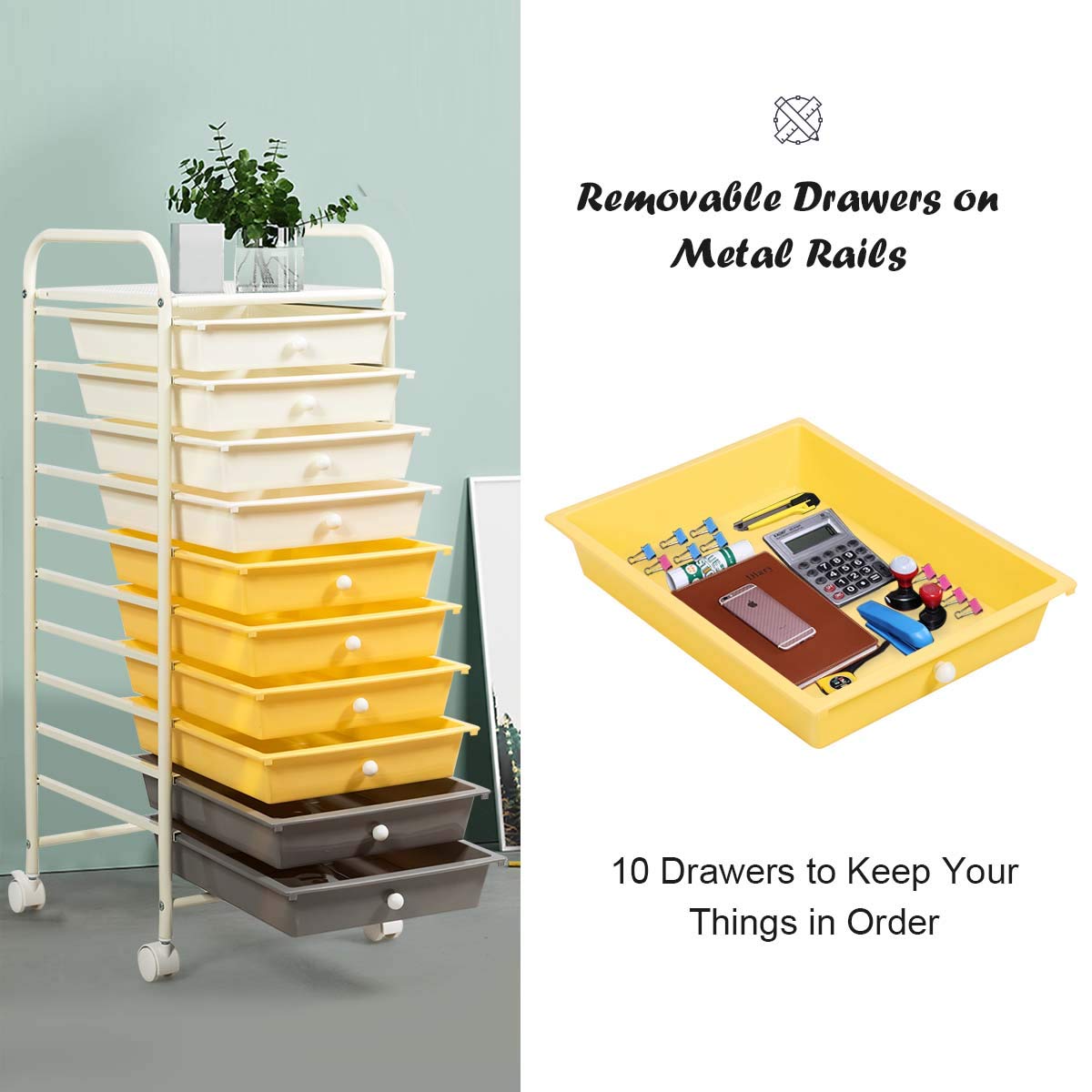 KOTEK 10-Drawer Rolling Storage Cart with Wheels - Multipurpose Mobile Utility Cart for Craft Supplies, Home Office & School Organization - Yellow Scrapbook Paper Organizer for DIY Projects & Workspace Storage