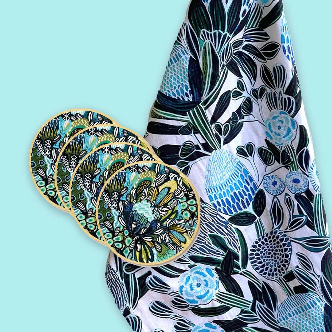 Premium Blue Banksia Tea Towel & Coaster Set - Australian Floral Kitchen Decor - Perfect for Tea Time, Hosting Gifts & Farmhouse Style Kitchens