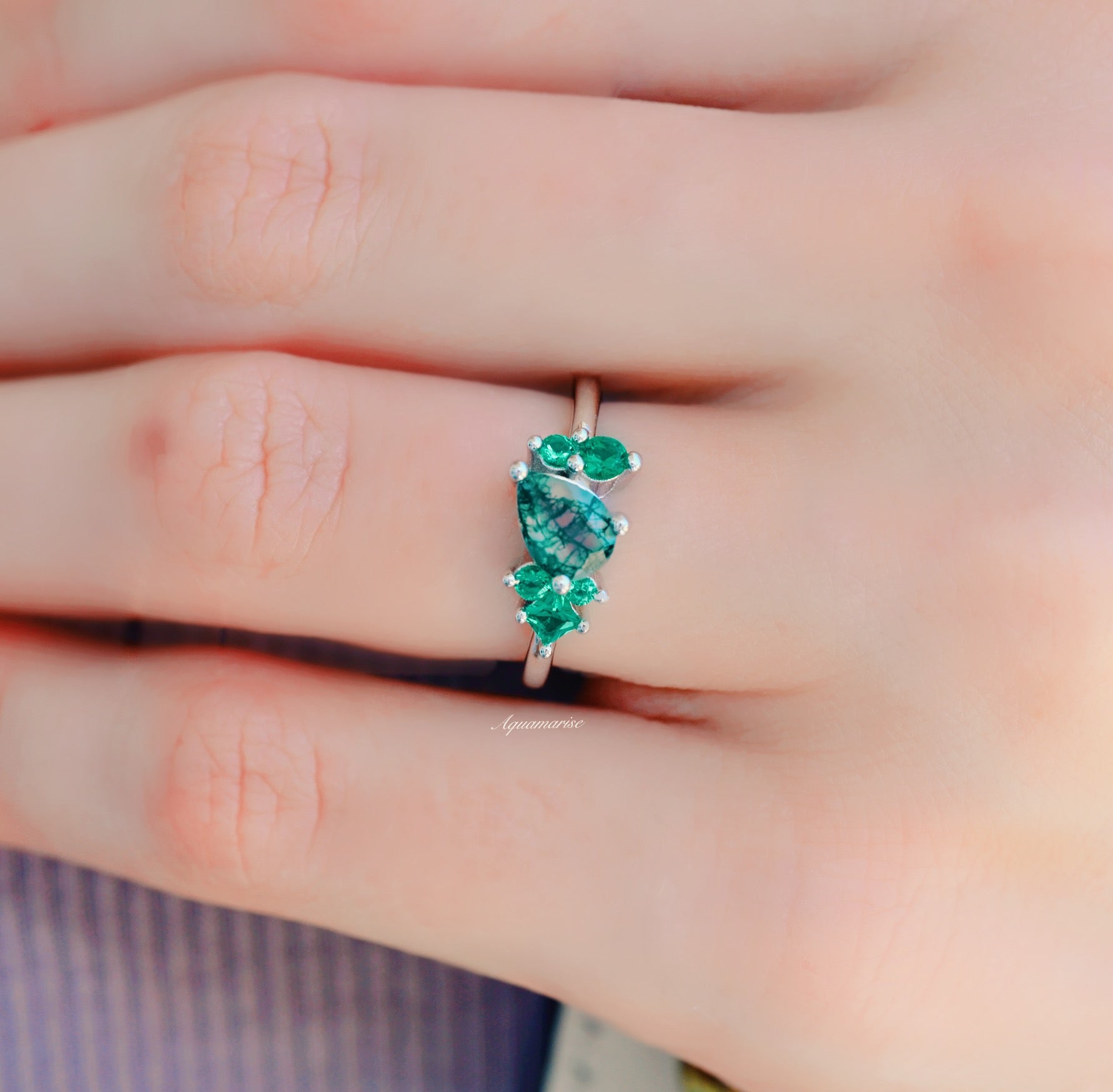 14K White Gold Green Moss Agate and Emerald Cluster Ring - Elegant Statement Jewelry for Weddings, Parties & Special Occasions