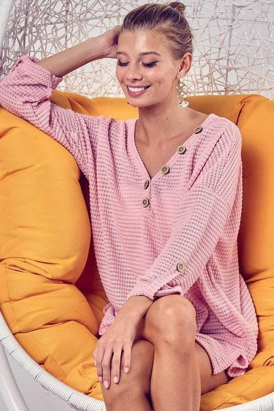 Bibi Popcorn Waffle Top with Buttoned Placket in Blush Pink - Women's Casual Blouse for Work, Date Night & Everyday Wear
