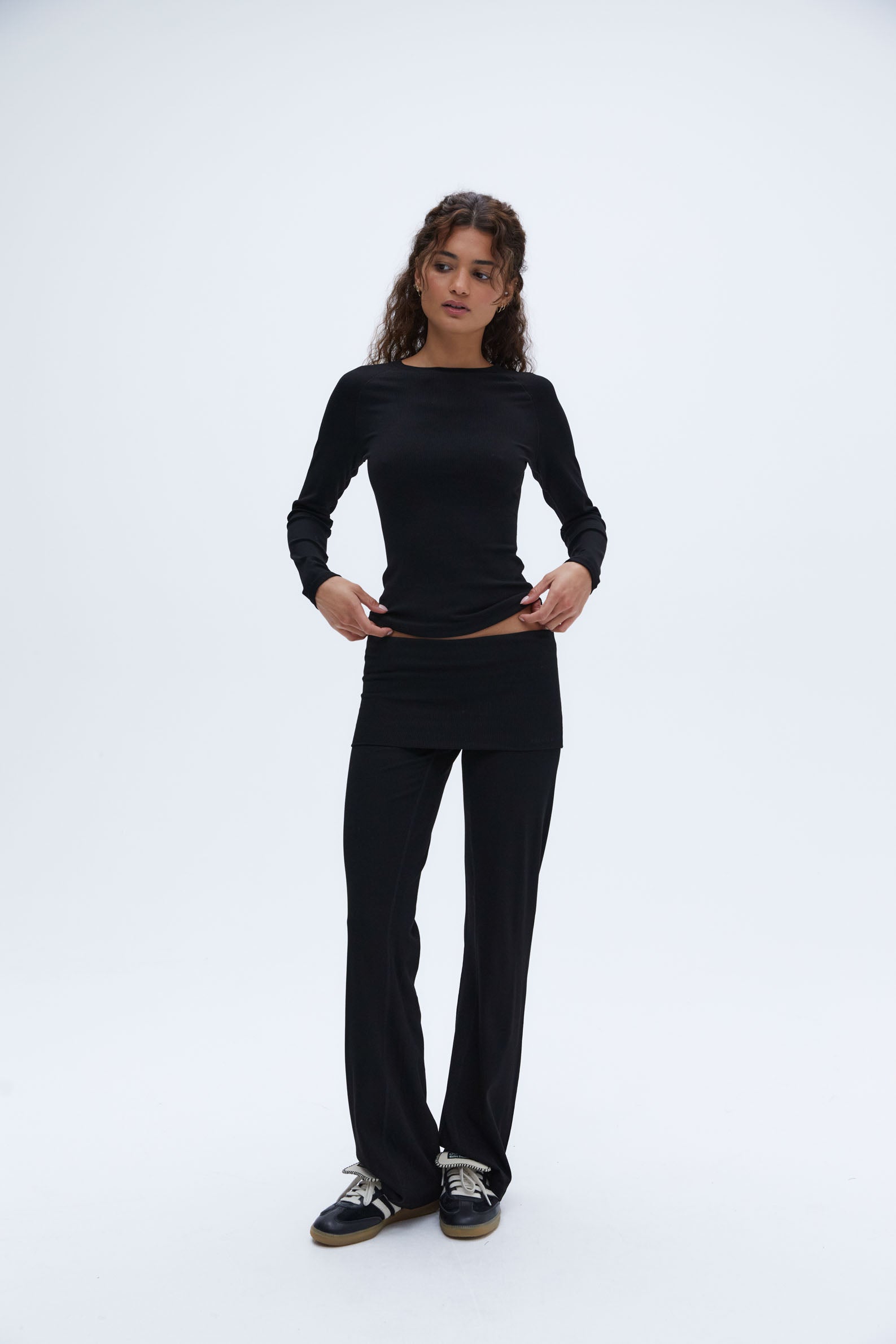 Rib Fold Over Pants for Women - Stretchy High Waist Yoga Lounge Pants in Black | Perfect for Yoga, Workout, Lounging & Casual Wear