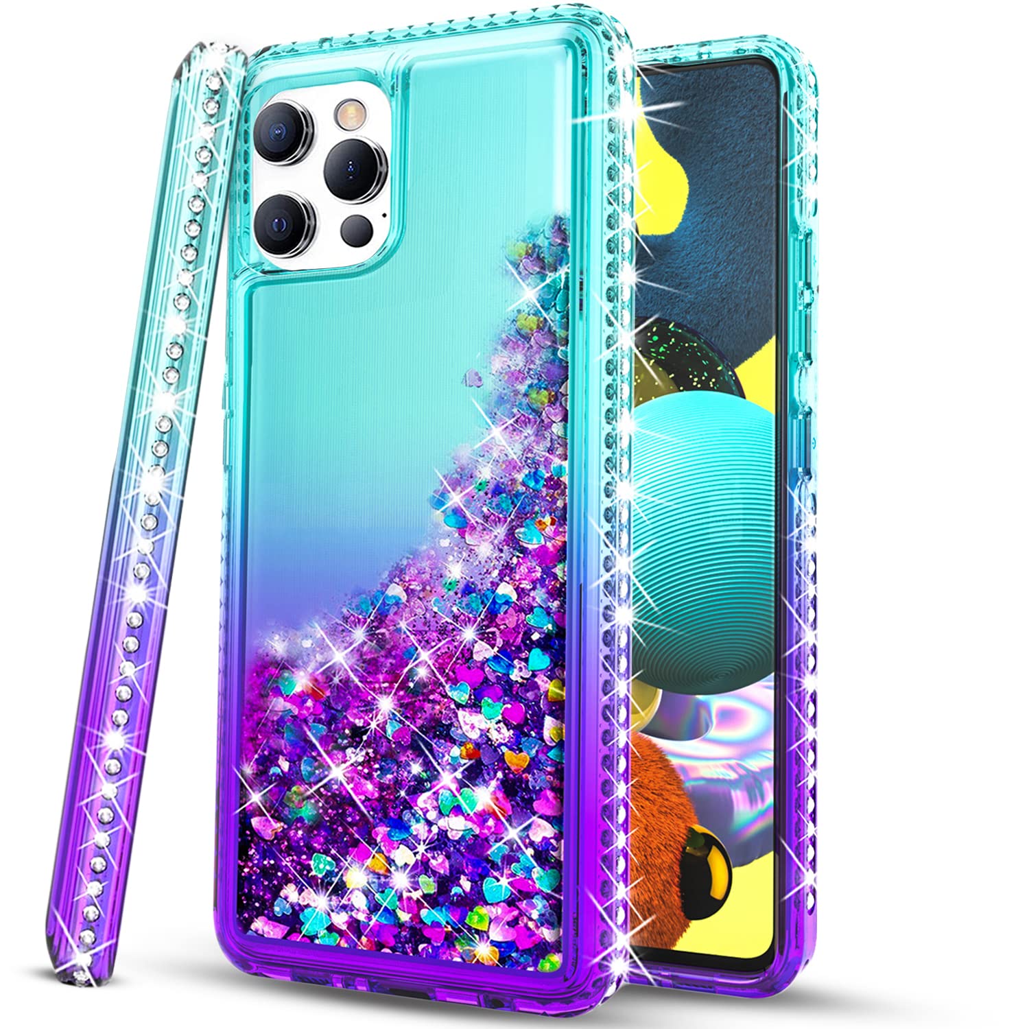 Sparkly Glitter iPhone 13 Case with Tempered Glass Screen Protector - Cute Quicksand Floating Diamond Phone Cover for Women & Girls (Teal/Purple) | Perfect for Everyday Use, Parties & Gift Giving