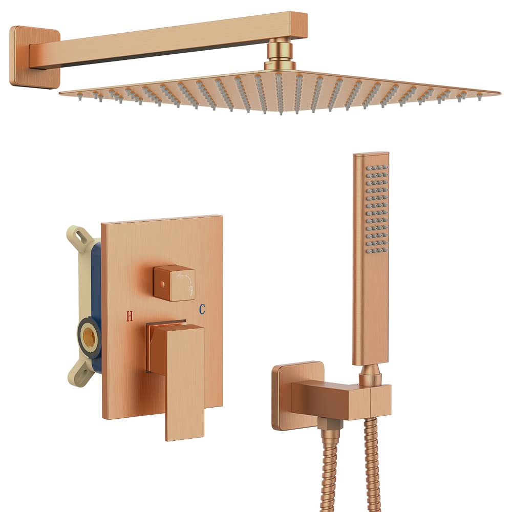 Brushed Rose Gold Rain Shower System - 12 Inch Rainfall Shower Head with Handheld Sprayer, Wall Mounted Bathroom Shower Set Including Faucet Mixer & Trim Kit (Valve Included) - Perfect for Luxurious Spa-Like Showers and Modern Bathroom Upgrades