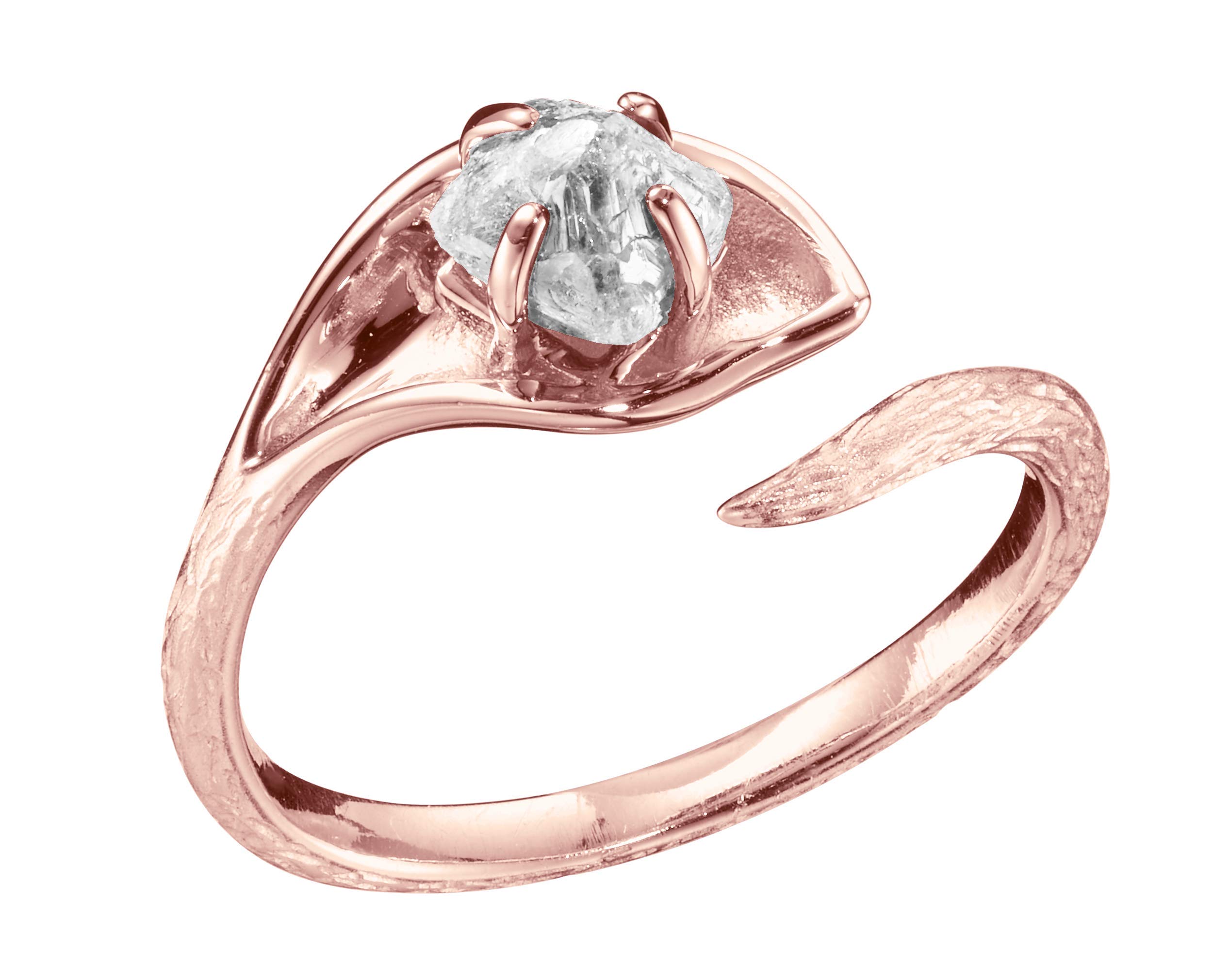 Conflict-Free Raw Diamond Engagement Ring in Rose Gold - Ethical Rough Diamond Wedding Band - Nature-Inspired Twig Flower Ring - Rustic Calla Lily Ring for Women - Perfect for Outdoor Weddings, Boho Chic Style & Unique Proposals