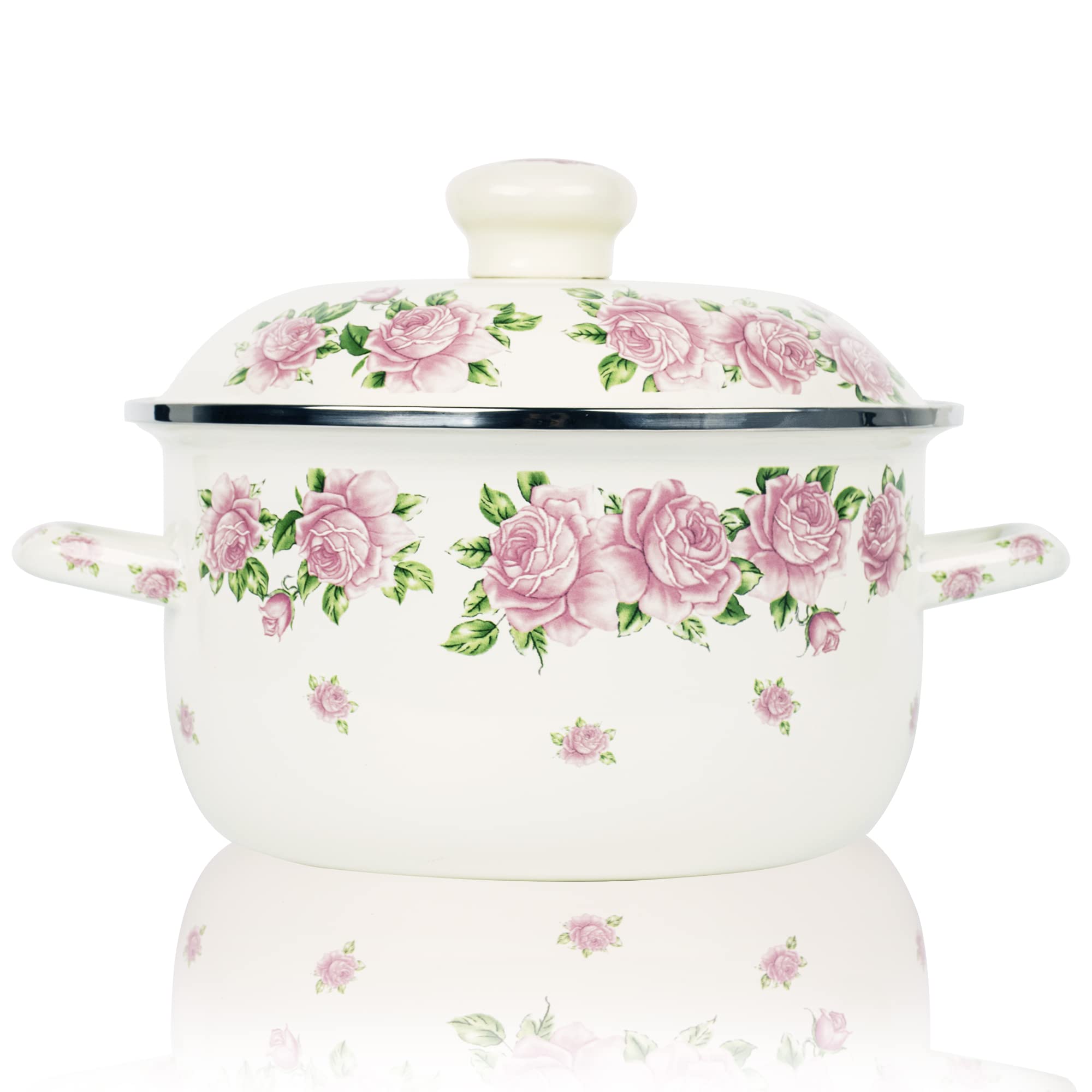 Vintage Floral Enamel Stockpot with Lid - 3L Pink Rose Design - Durable Cooking Pot for Soups, Stews & Pasta | Perfect for Stovetop, Camping & Retro Kitchen Decor