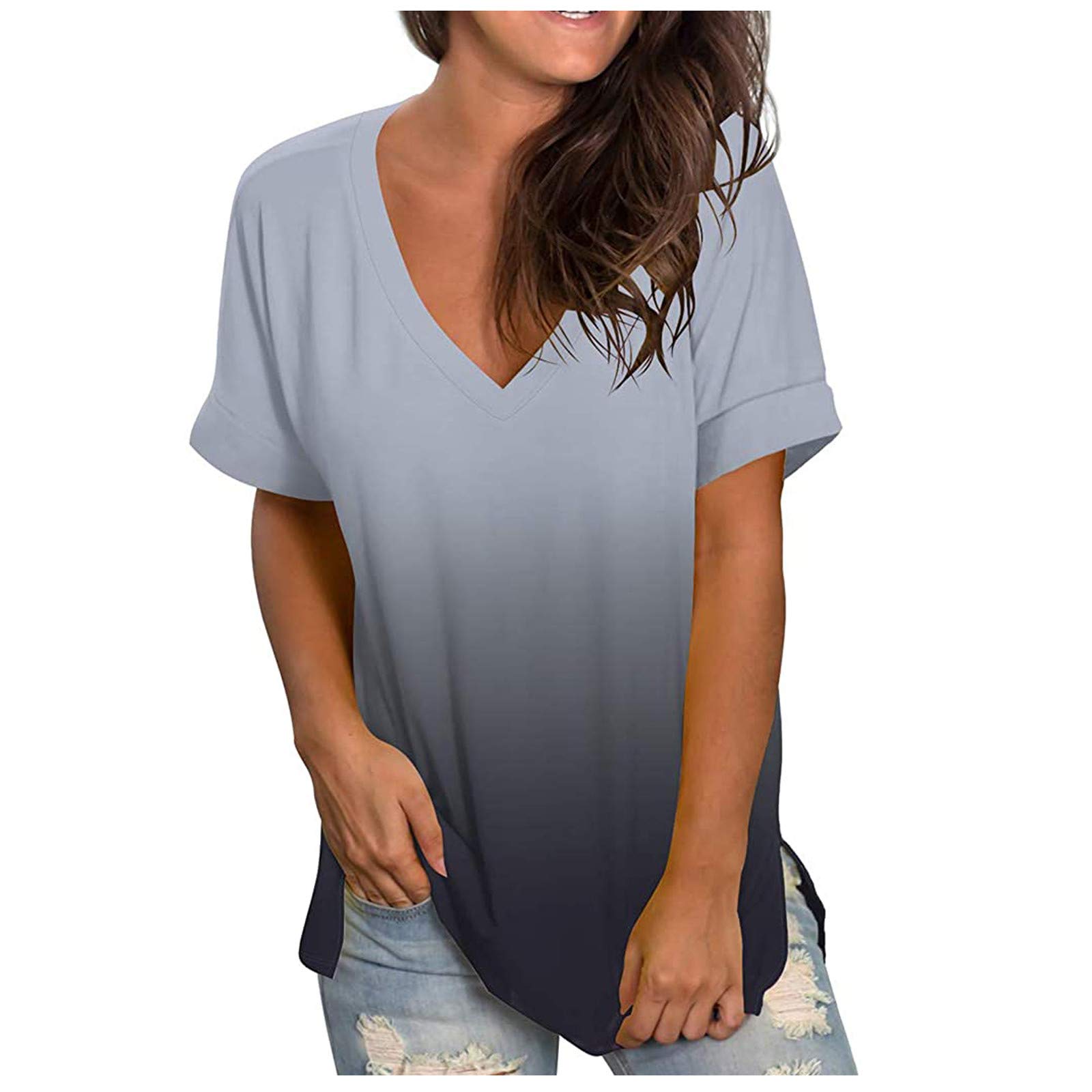 Plus Size Women's Summer V-Neck Short Sleeve Blouse - Soft Casual Ombre T-Shirt with Pocket | Perfect for Work, Weekend Outings & Vacation Wear