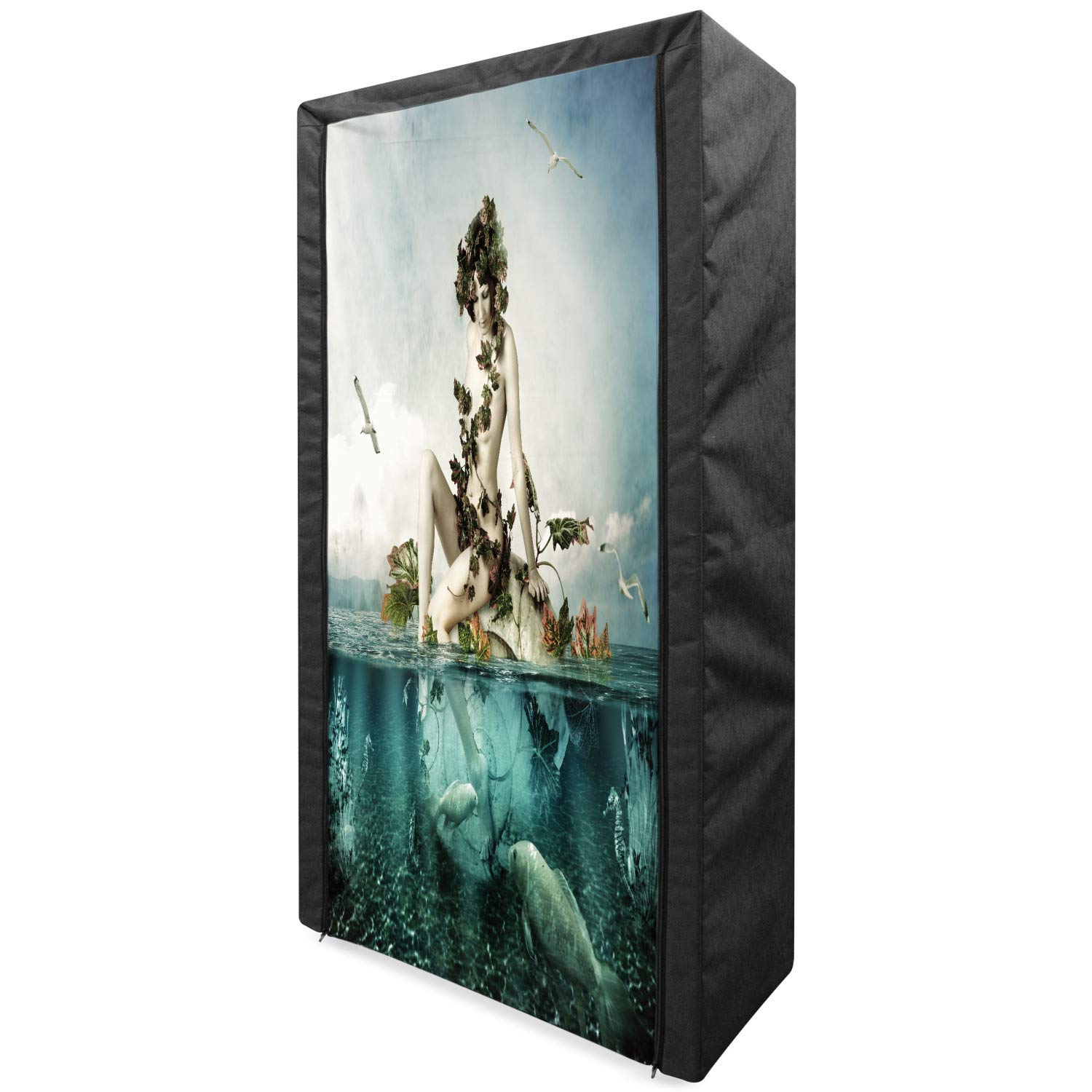 Ambesonne Mermaid Fabric Wardrobe - Portable Clothing Organizer with Shelves, 33.5 Inch Blue Beige Teal Storage Closet | Mythological Woman & Sea Design | Perfect for Bedroom, Dorm, or Small Space Organization