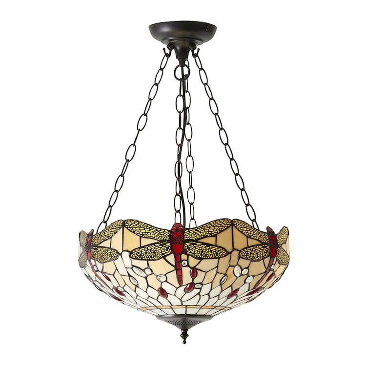 50cm Beige Dragonfly Tiffany Inverted Ceiling Light with Adjustable Chain - Perfect for Bedroom, Living Room, and Dining Room Lighting