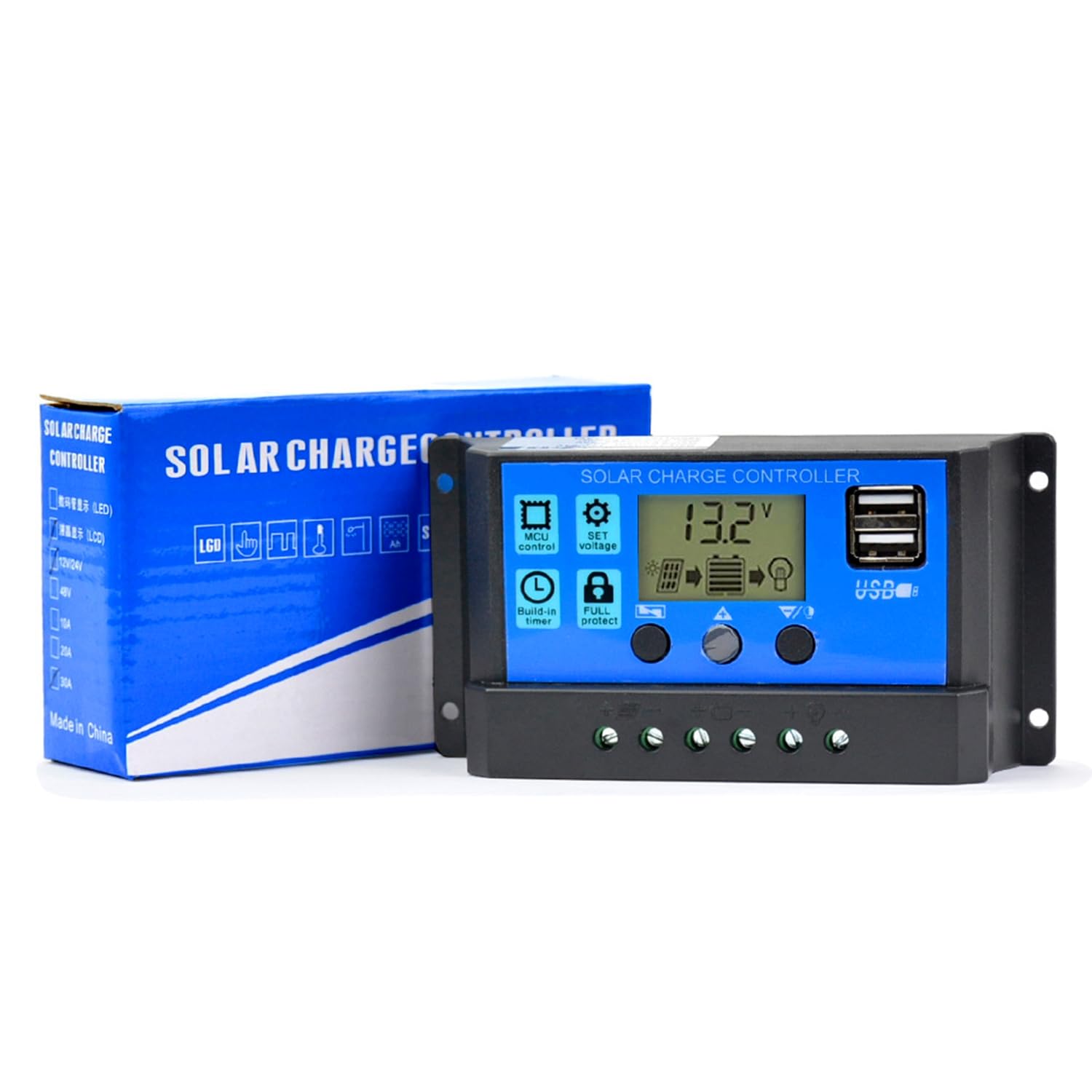 30A PWM Solar Charge Controller 12V/24V Auto - Adjustable LCD Display with Dual USB Ports & Timer - Perfect for RV, Boat, Off-Grid Solar Systems & Home Solar Panel Regulation