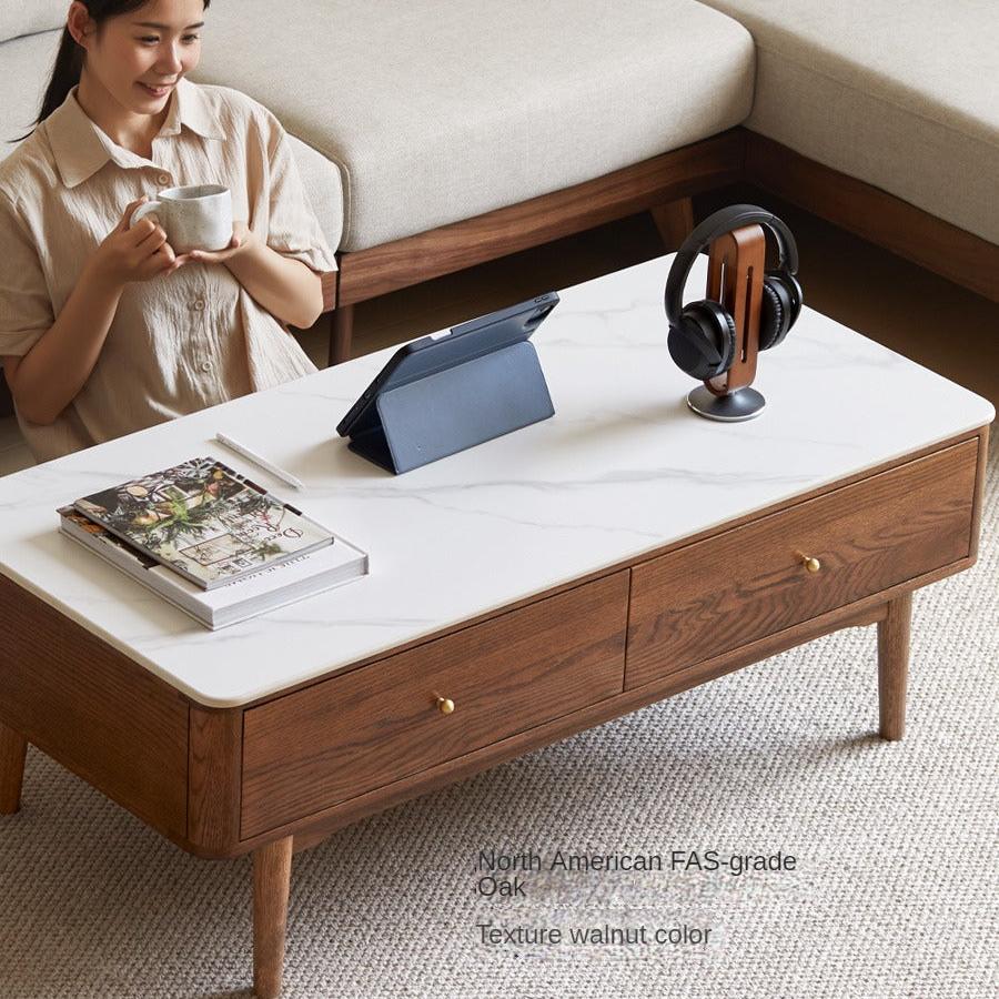 Solid Oak Wood Modern Rock Plate Coffee Table - Stylish Living Room Furniture for Home Decor & Relaxation