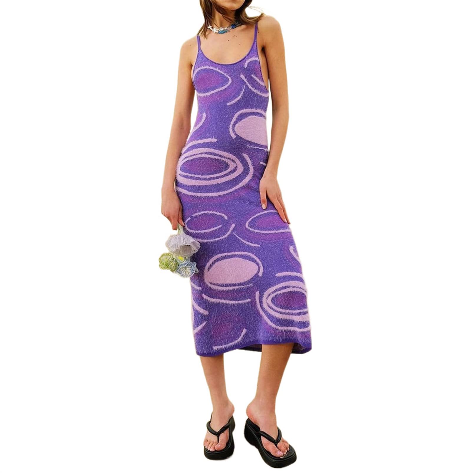 Y2K Print Knit Bodycon Dress for Women - Sexy Sleeveless Halter Neck Long Dress with Hollow Out Design | Perfect for Summer Parties, Club Nights & Streetwear Fashion