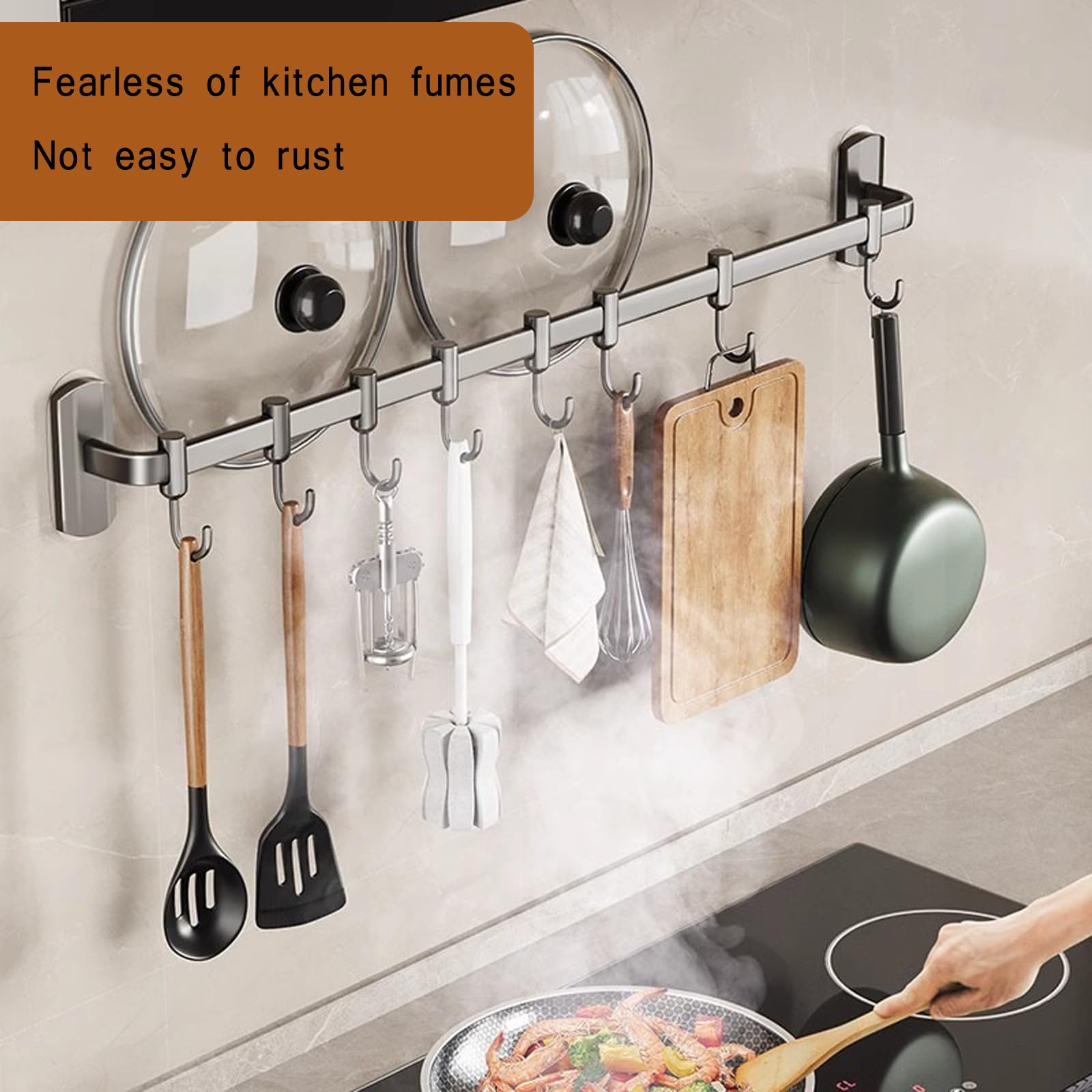 8 Adjustable Aluminum Kitchen Hooks Rail - Modern Minimalist Wall Mount Utensil Organizer (45cm, Grey) - Perfect for Small Kitchens, Pantries & Bathroom Storage
