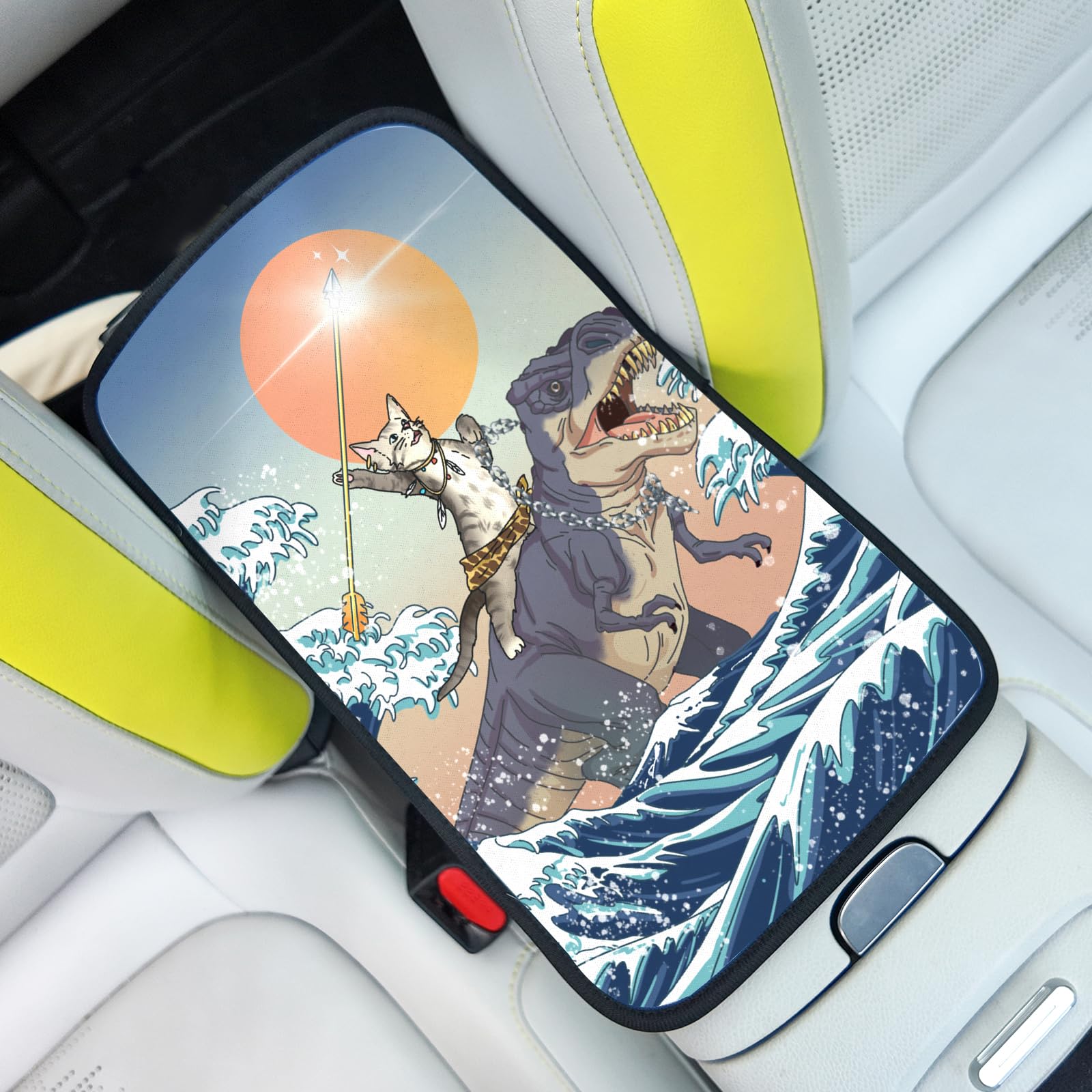 Cat & Dinosaur Car Center Console Cover - Universal Armrest Pad Protector for Cars, SUVs & Trucks | Soft & Durable Interior Accessory for Pet Lovers & Kids (Perfect for Road Trips & Daily Commutes)