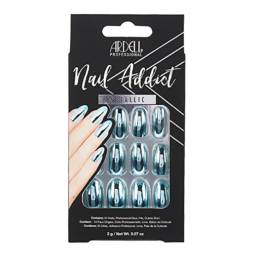 Ardell Nail Addict Metallic Blue Artificial Nail Set - 24pcs Fake Nails with Glue for Salon Quality Manicure at Home | Perfect for Parties, Weddings & Special Occasions