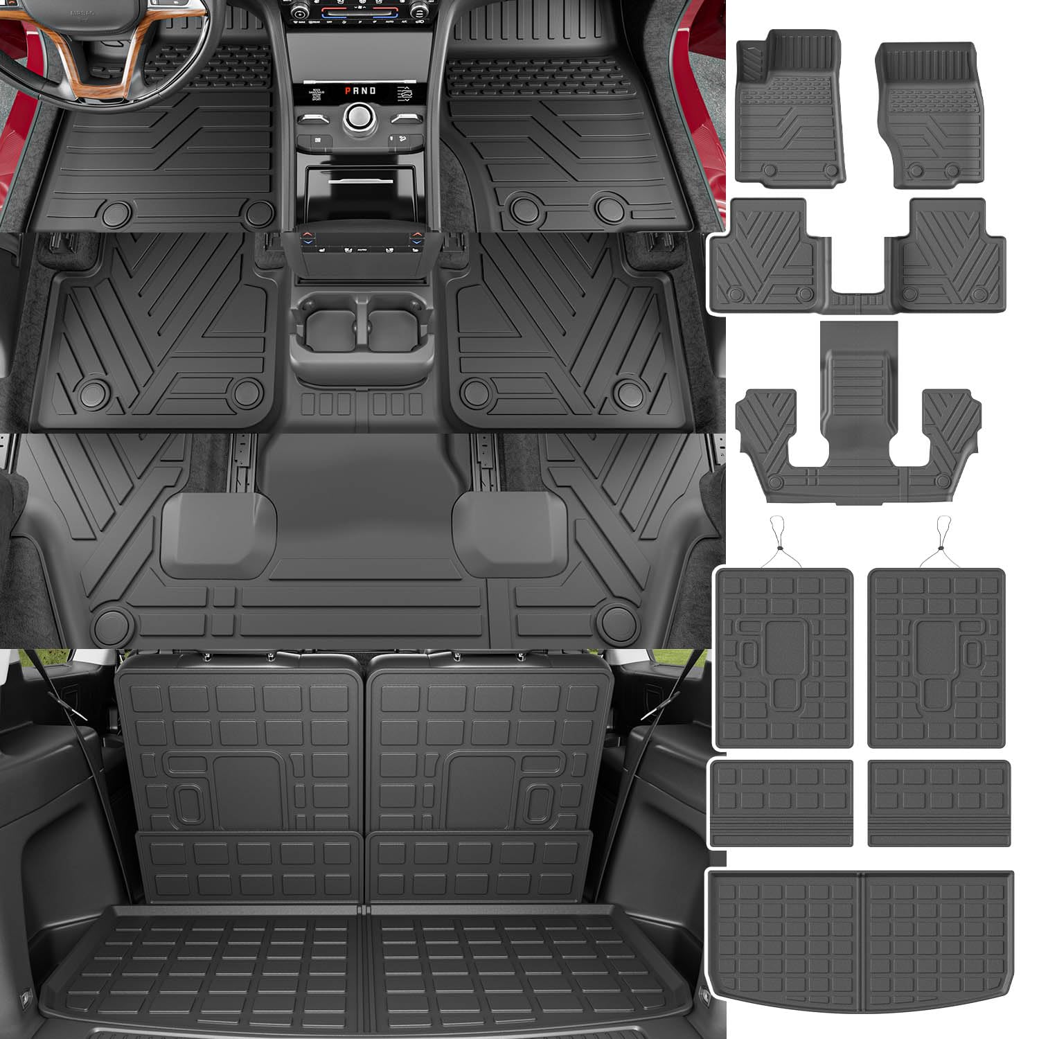 6-Seat Custom Fit Floor Mats for 2021-2025 Jeep Grand Cherokee L | TPE Trunk Cargo Liner & Backrest Protector | All-Weather Car Accessories for SUV Road Trips & Family Travel