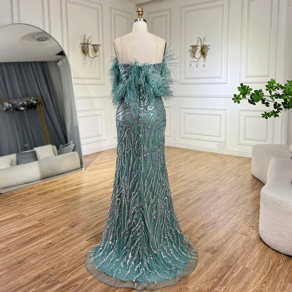 Serene Hill Turquoise Spaghetti Strap High Slit Mermaid Beaded Feather Evening Gown for Women - Elegant Wedding Party Dress 2025 LA72602 | Perfect for Prom, Gala, Red Carpet & Formal Events