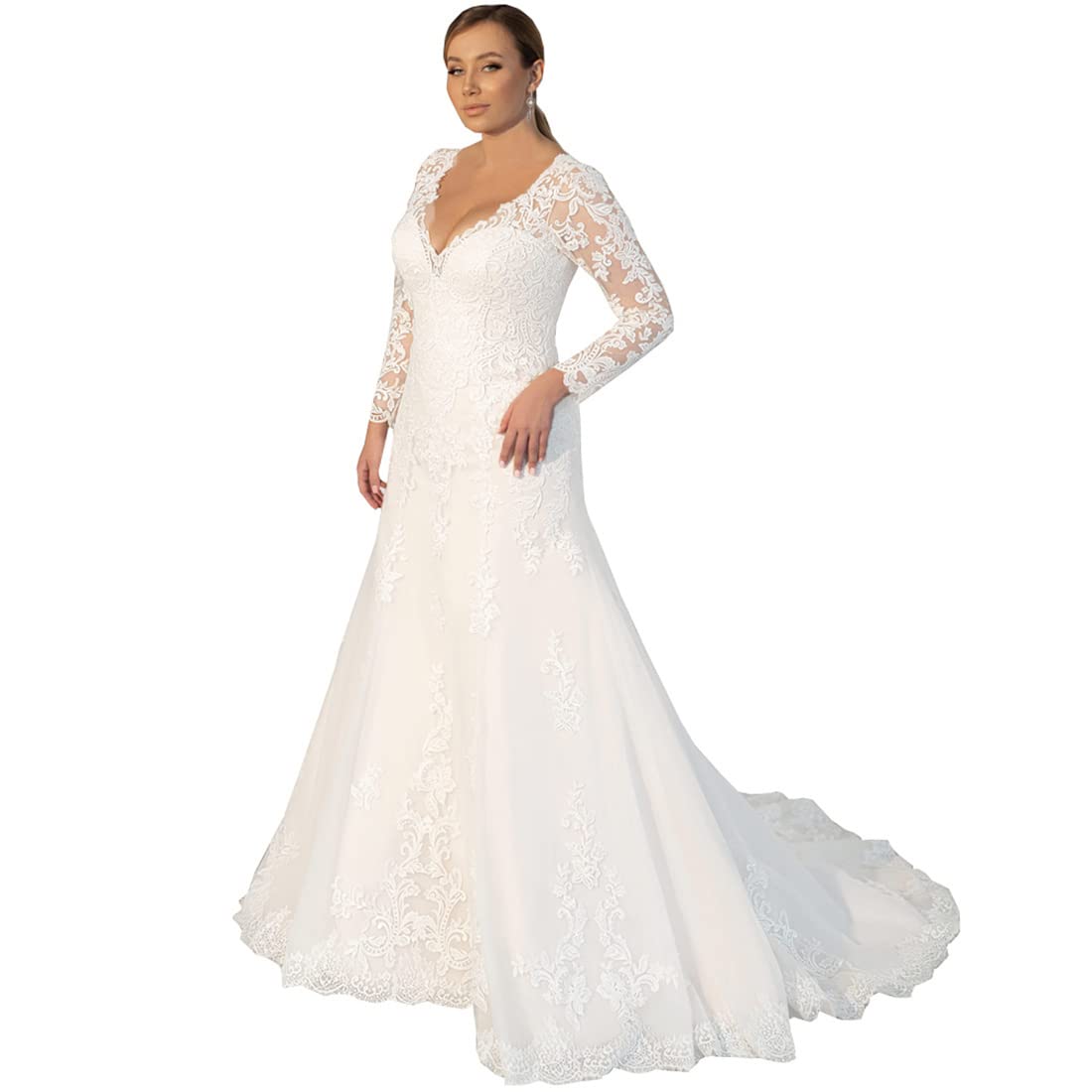 Elegant Women's Tulle Mermaid Wedding Dress with V-Neck & Long Sleeves - Sweep Train Bridal Gown with Appliques for Romantic Ceremonies & Formal Events