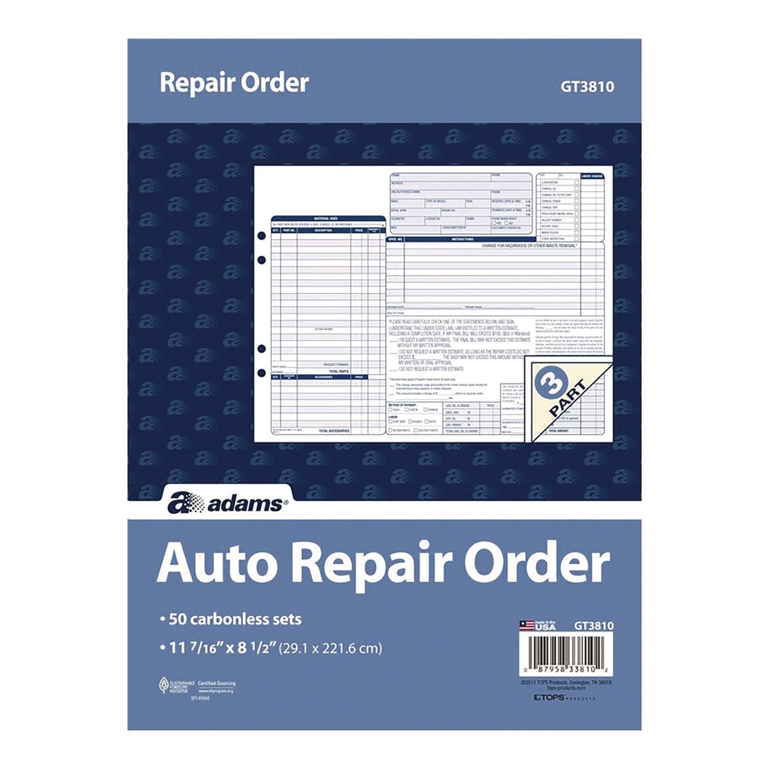 Adams® Multipart Auto Repair Work Order Forms with Checklist for Routine Jobs - 3-Part Carbonless, 10.94