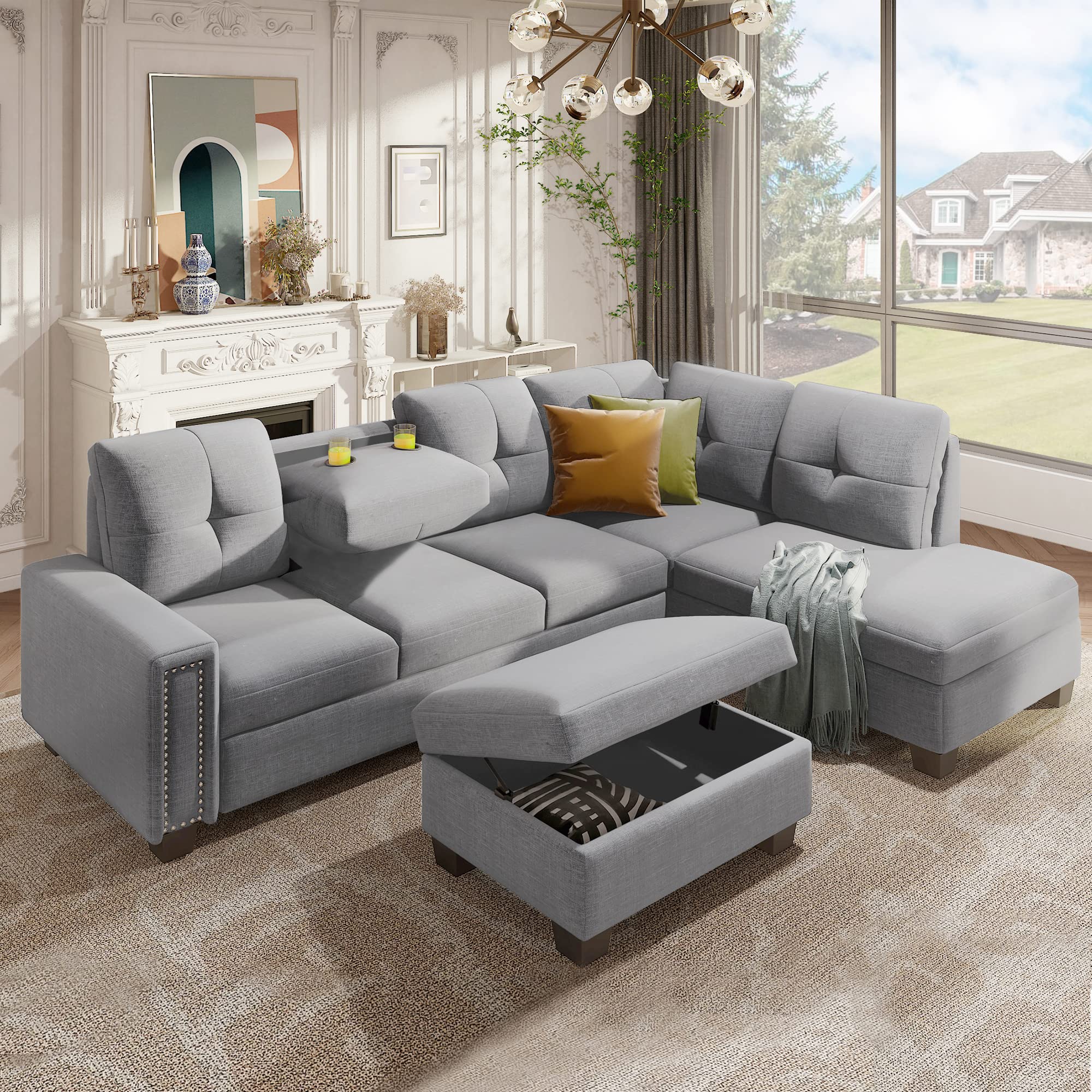 P PURLOVE L-Shaped Sectional Sofa with Reversible Chaise Lounge, Storage Ottoman & Cup Holders - Modern Living Room Furniture Set with Nail Head Trim in Light Gray | Perfect for Small Spaces, Apartments & Cozy Home Decor