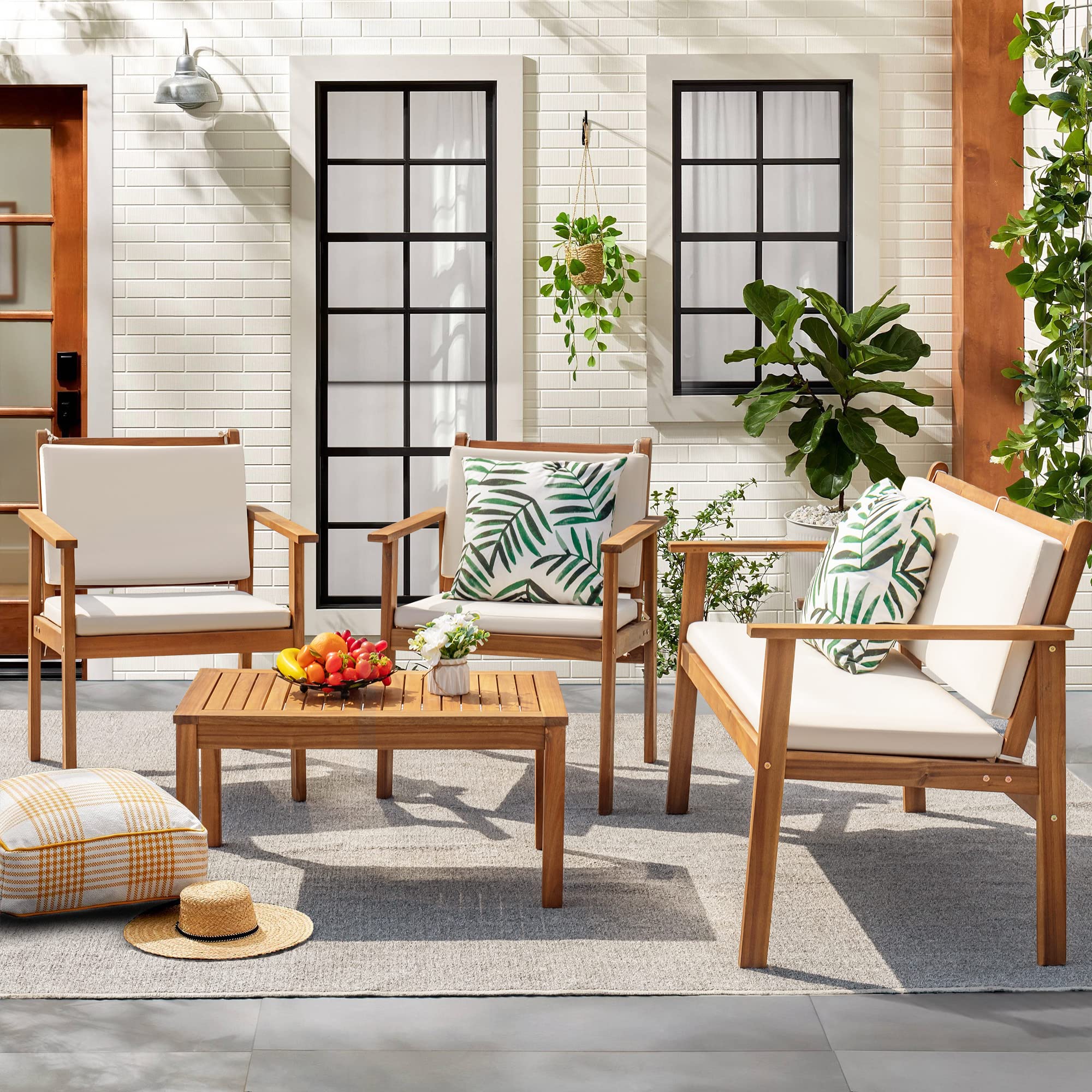 Flamaker 4-Piece Acacia Wood Outdoor Patio Furniture Set with Table & Cushions - Durable Conversation Sofa for Deck, Balcony, Backyard, Garden & Poolside Relaxation