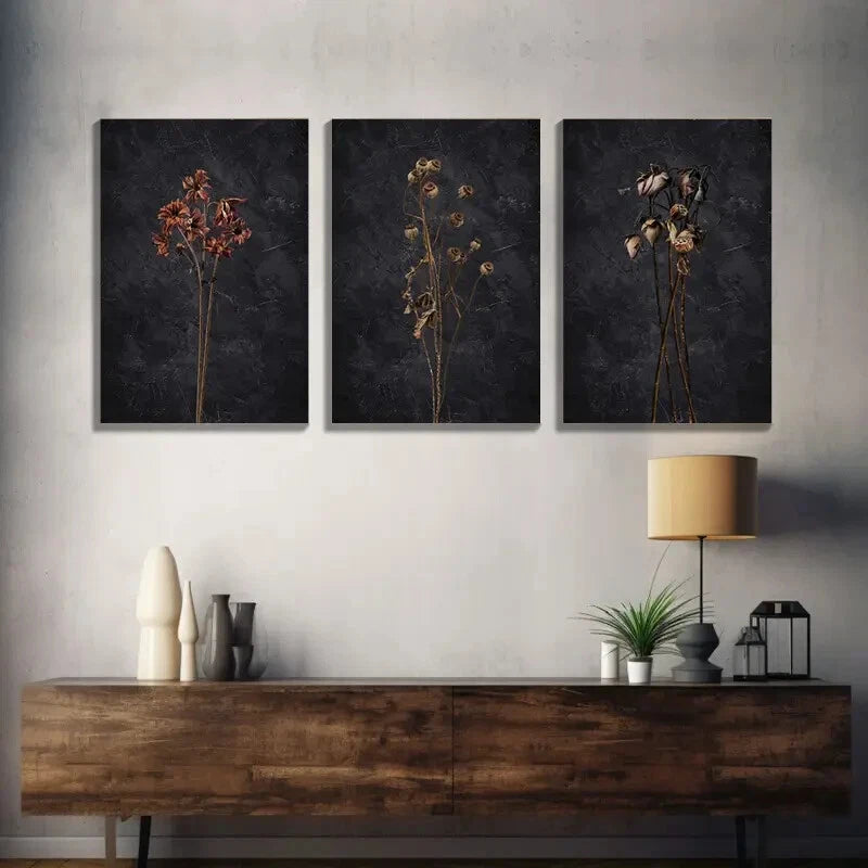 3-Piece Dark Dried Wildflower Floral Botanical Wall Art Set - Framed Canvas Prints 40x60cm (16x24in) - High Quality Australian Made Wall Decor - Perfect for Living Room, Bedroom & Office Decoration