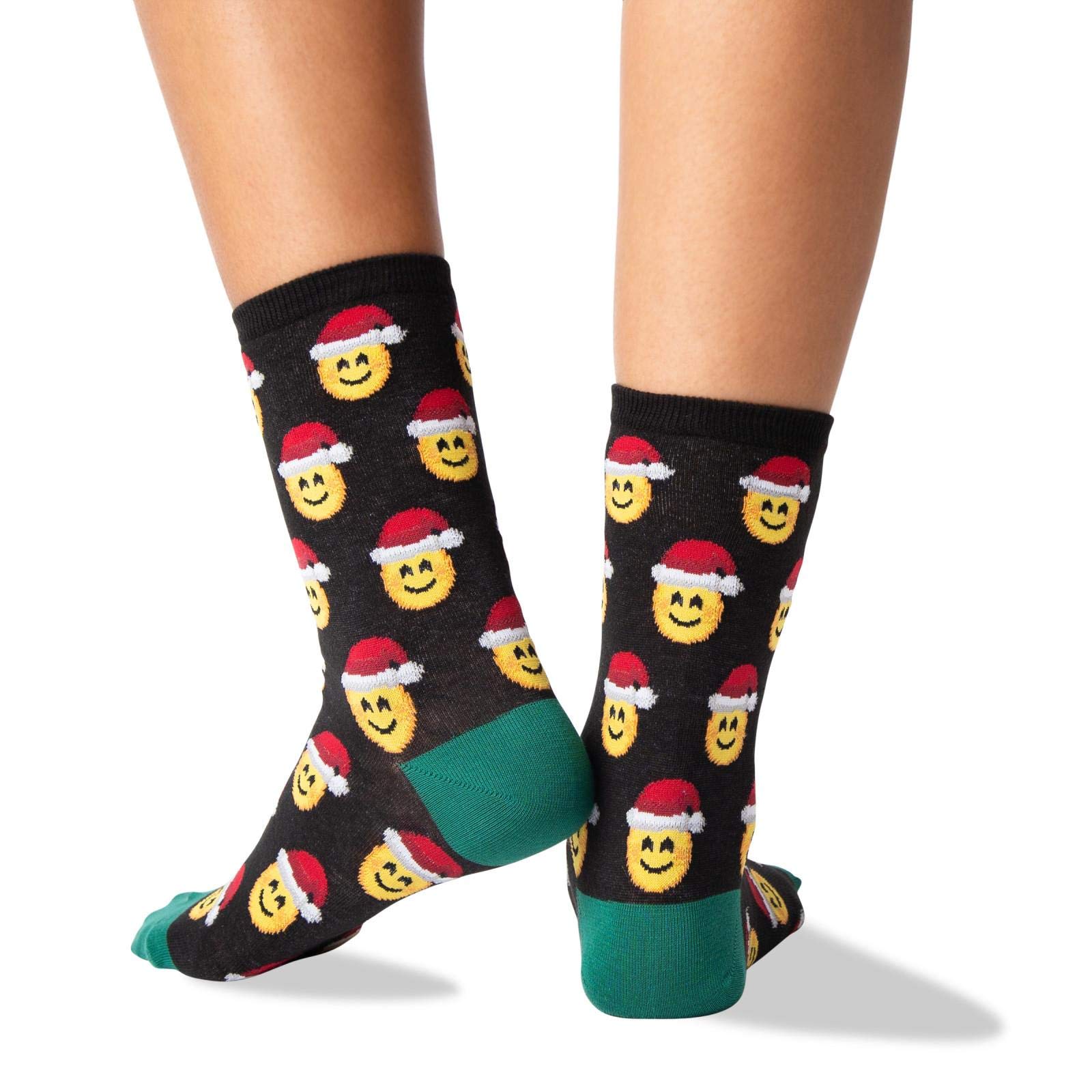 Hotsox Women's Santa Smile Emoji Socks - 1 Pair Black (Size 9-11) | Funny Christmas Novelty Socks for Holiday Gifts & Festive Outfits