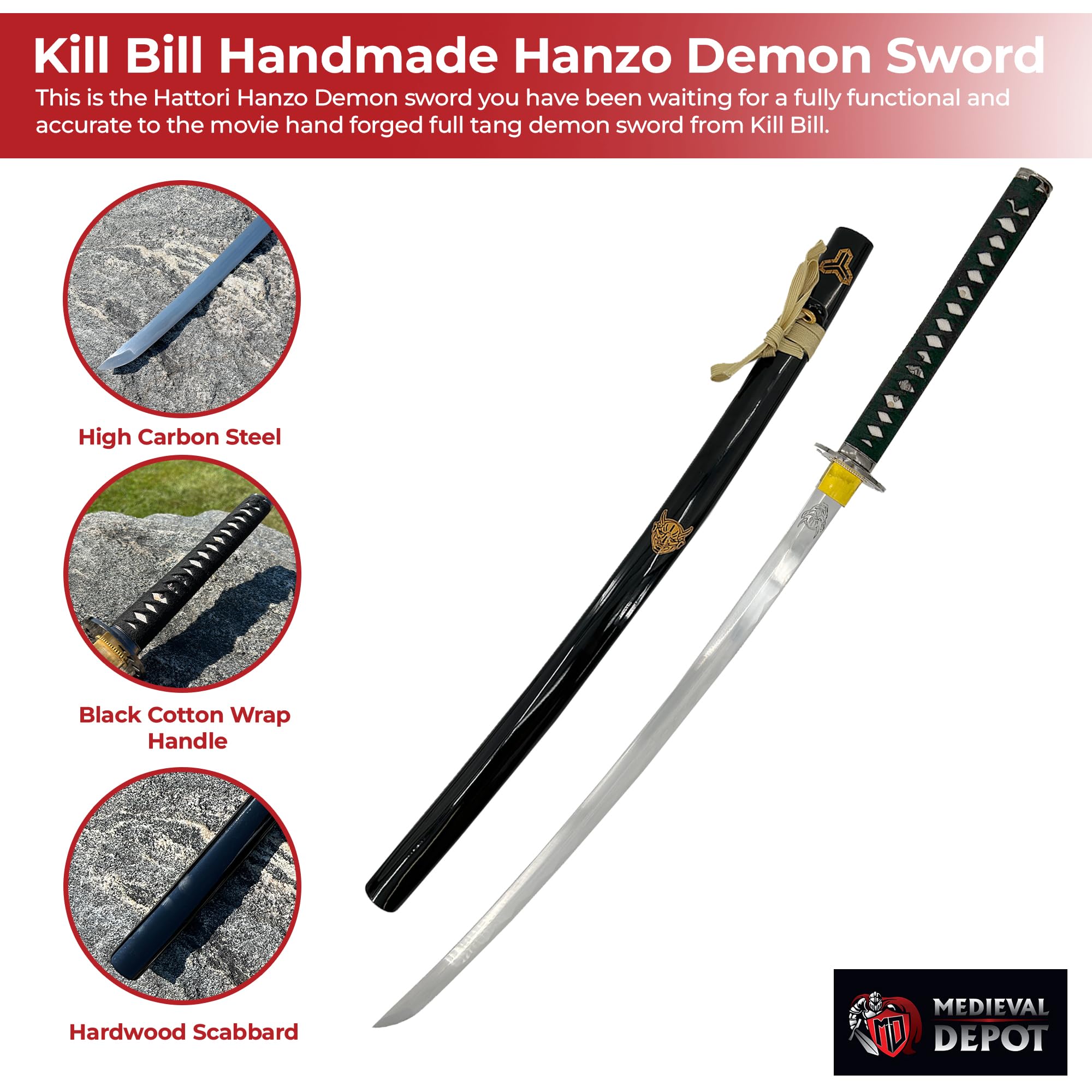 Kill Bill Hanzo Demon Sword - 1060 Carbon Steel Full Tang Katana - 29 Inch Razor Sharp Samurai Sword for Cosplay, Collection & Martial Arts Training