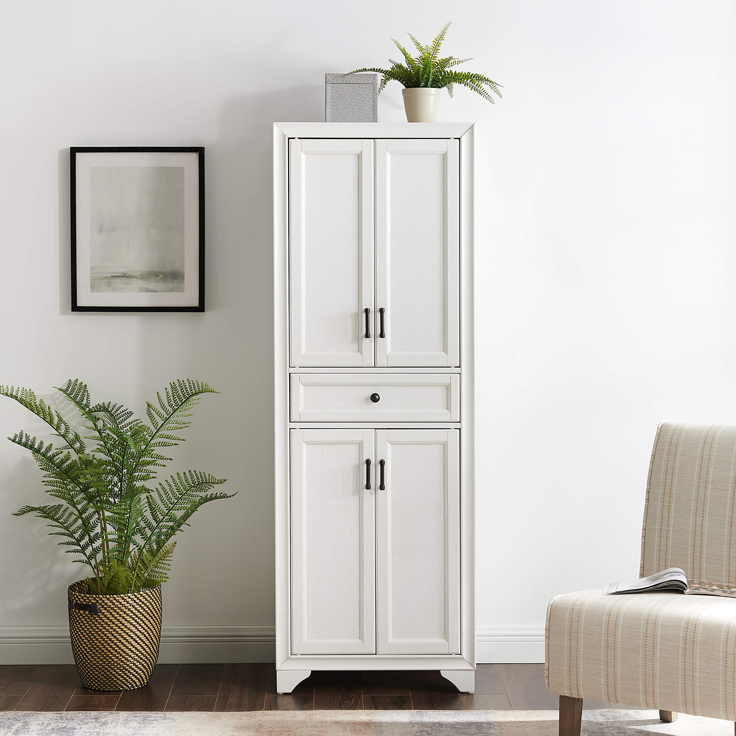 Crosley Furniture Tara Pantry Storage Cabinet with Adjustable Shelves - Distressed White Kitchen, Dining & Laundry Room Organizer - Perfect for Small Space Storage & Home Organization