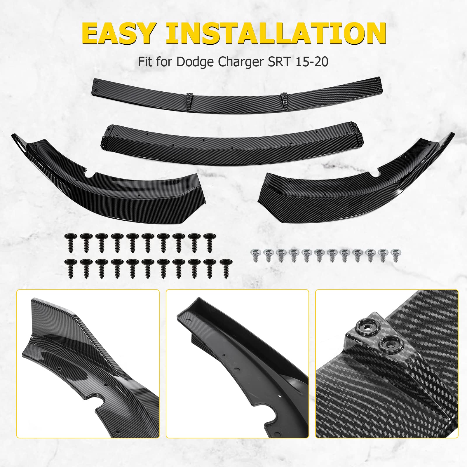 AUXMART Carbon Fiber Front Bumper Lip Splitter for 2015-2023 Dodge Charger SRT | V2 Style Spoiler & Chin Protector | Body Kit Upgrade for Enhanced Style & Protection | Perfect for Street Racing & Car Shows