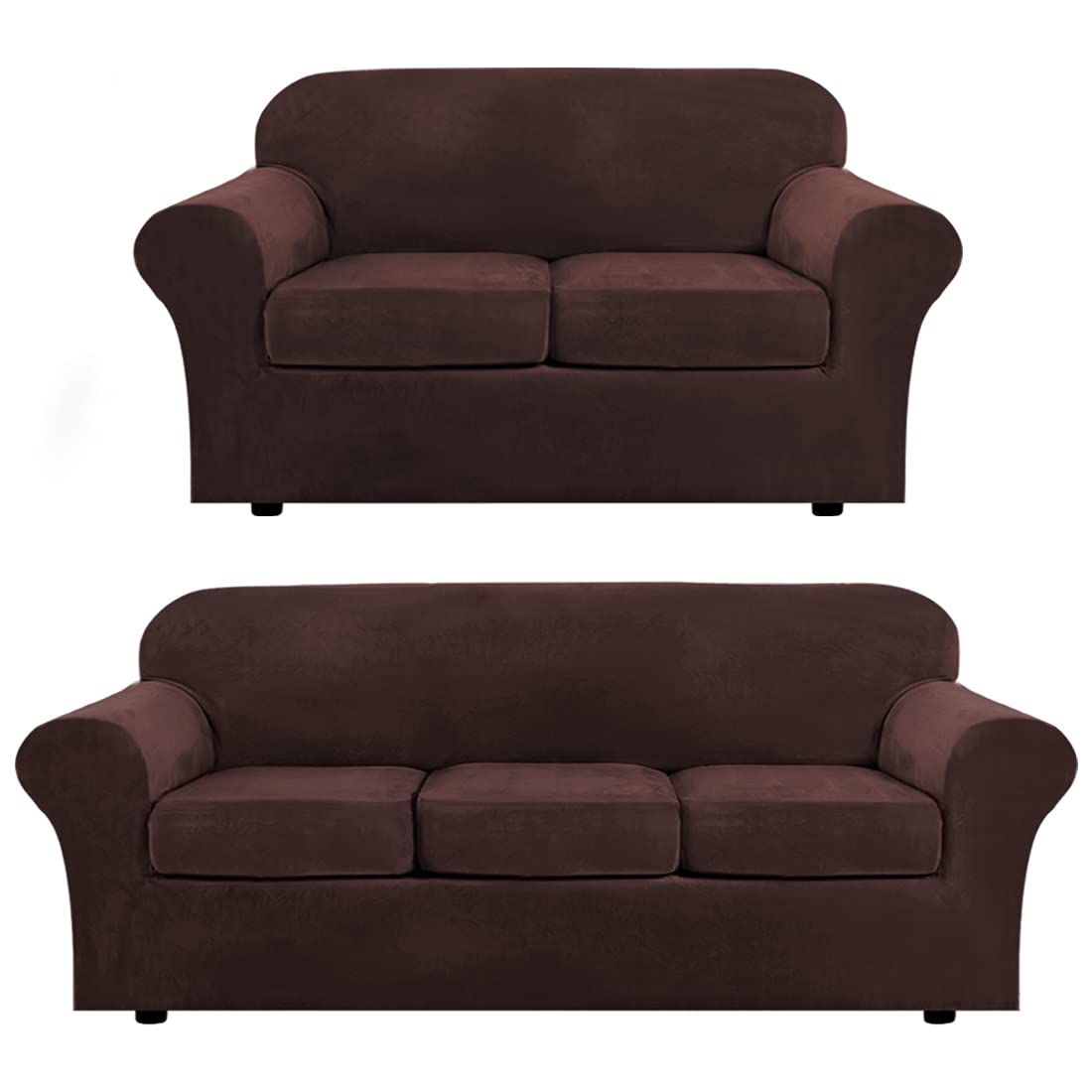 H.VERSAILTEX 4-Piece Velvet Plush Sofa Slipcover Set with 3-Piece Loveseat Cover - Soft Stretch Furniture Protector in Brown | Perfect for Living Room, Bedroom & Home Decor