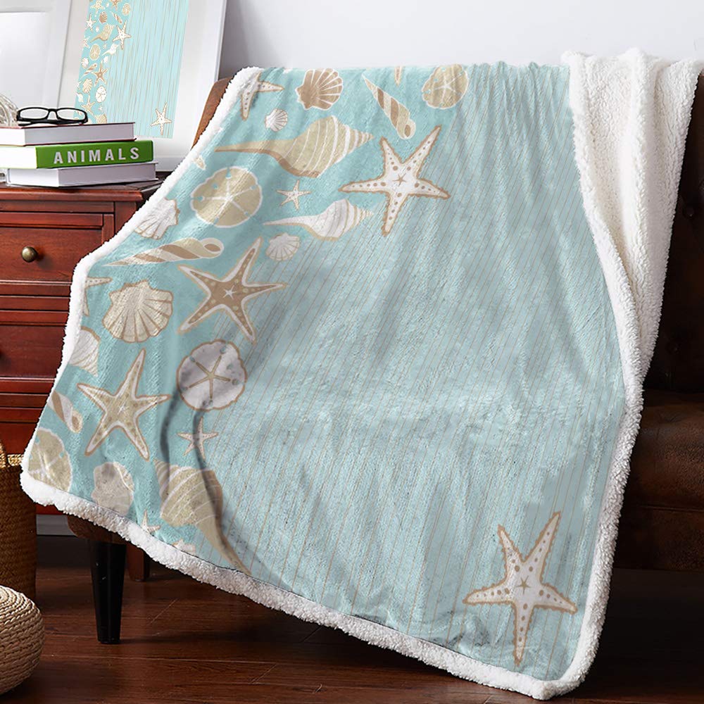 Sherpa Fleece Throw Blanket - Ultra Soft Reversible Plush Blanket for Bed, Couch & Sofa (59x79 Inches) | Cozy Seaside Starfish Seashell Design | Perfect for Winter Nights, Movie Time & Home Decor