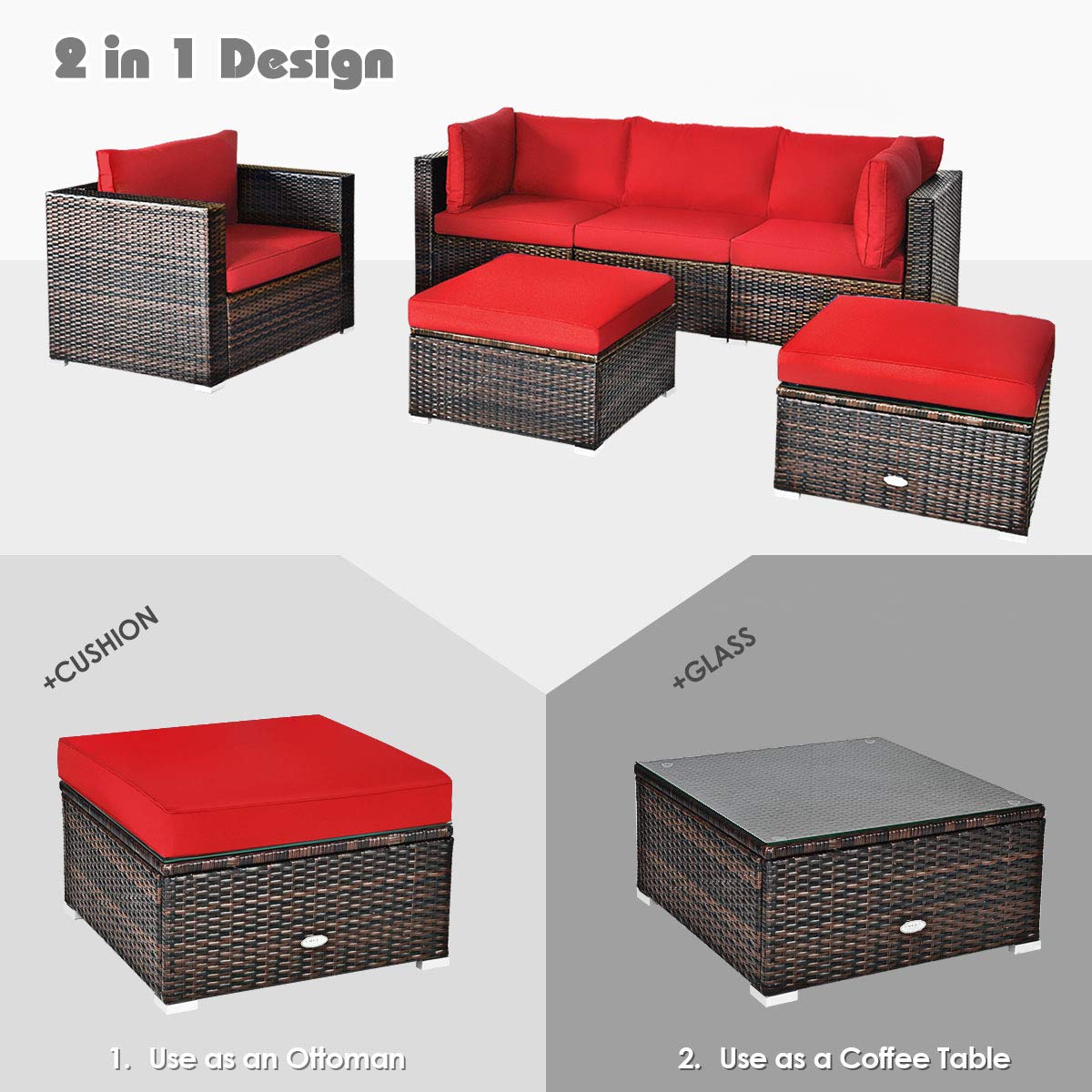 HappyGrill 6-Piece Patio Conversation Set - Outdoor Rattan Wicker Sectional Sofa with Cushions, Coffee Table & Ottoman - Perfect for Backyard, Garden, Poolside & Patio Relaxation