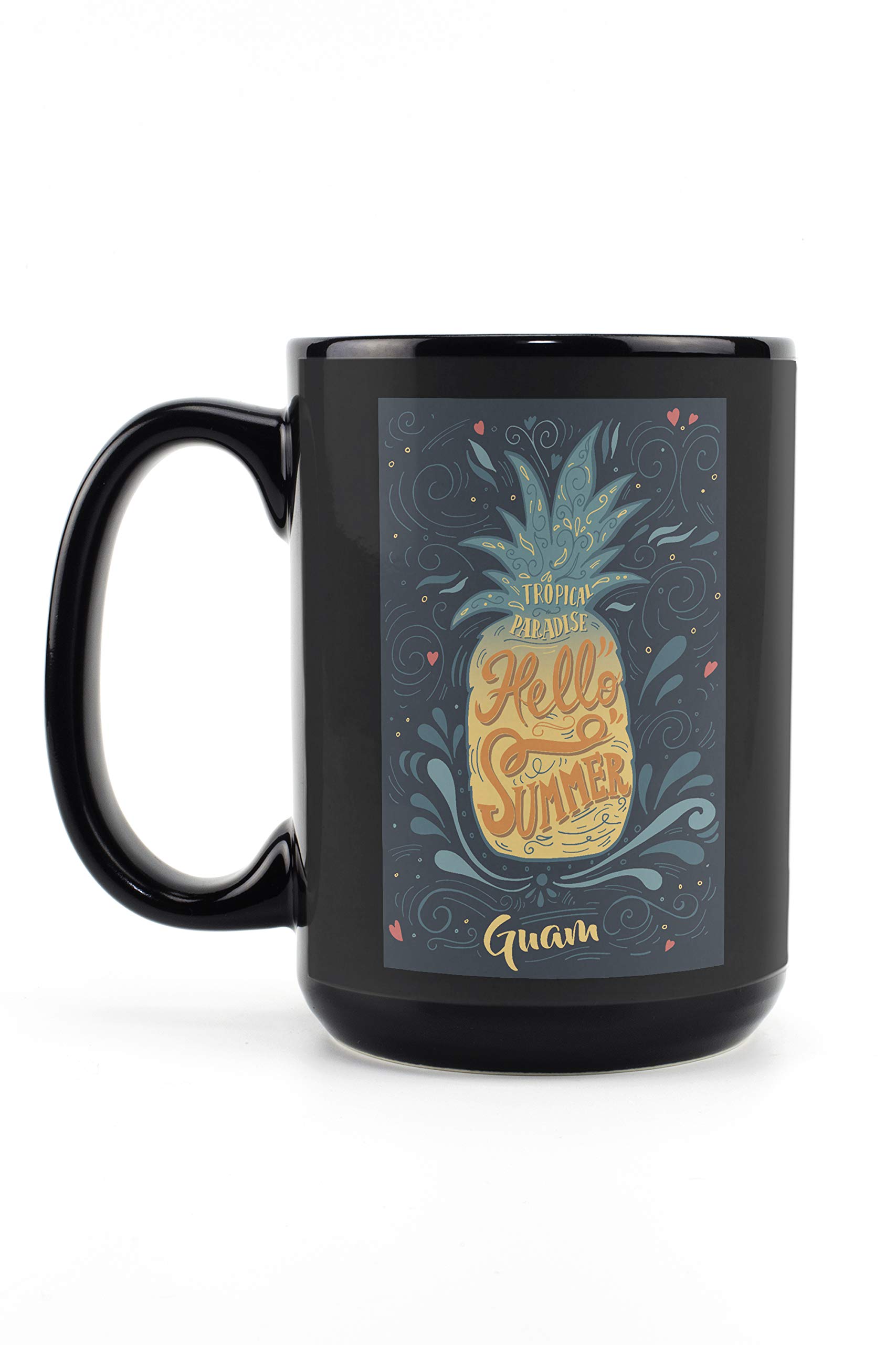 Lantern Press Guam Hello Summer Pineapple 15oz Black Ceramic Coffee Mug - Microwave & Dishwasher Safe - Perfect for Beach Vacations, Tropical Gifts & Home Decor