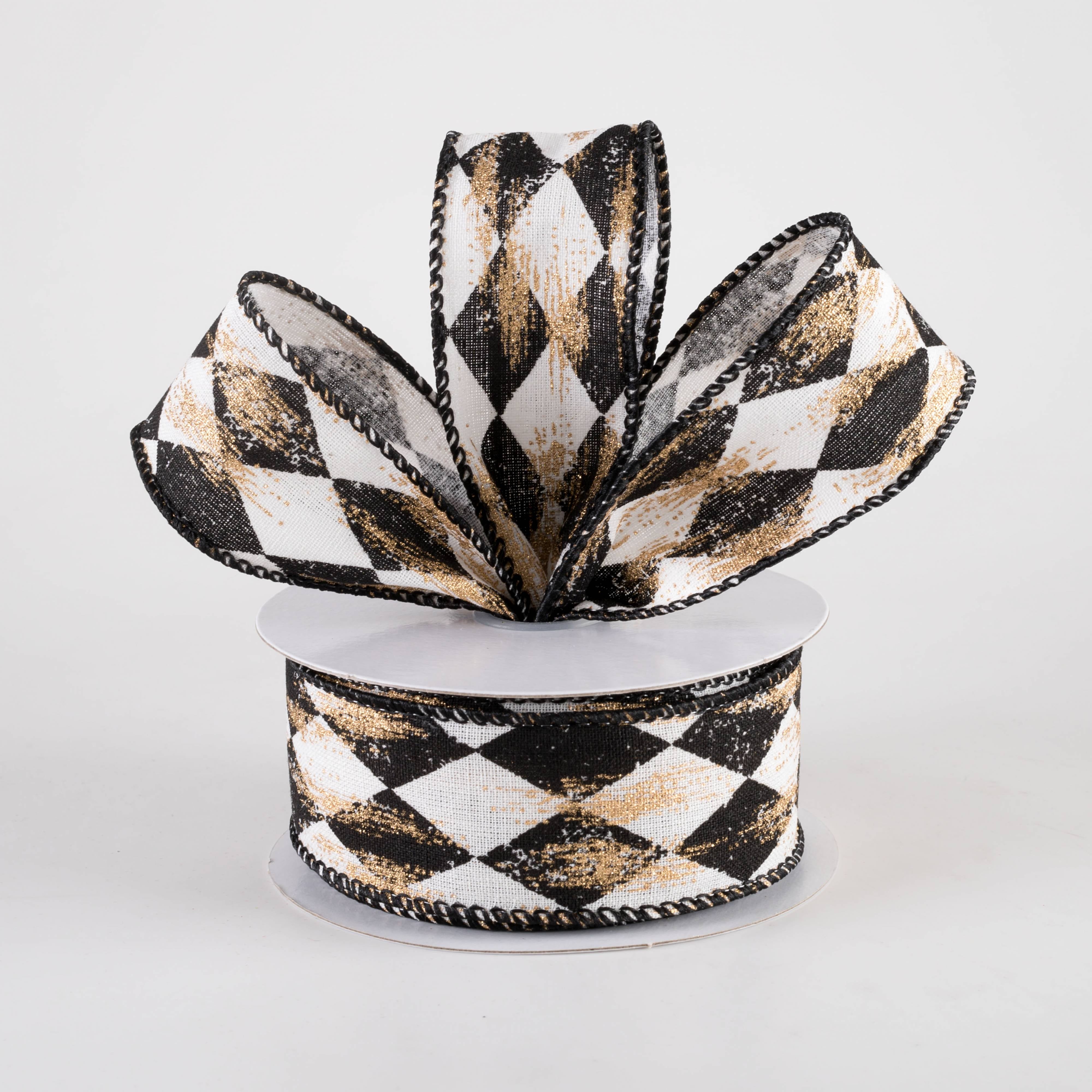 1.5 Inch Harlequin Gold Painted Ribbon - Cream & Black (10 Yards) for Gift Wrapping, DIY Crafts, Scrapbooking & Home Decor