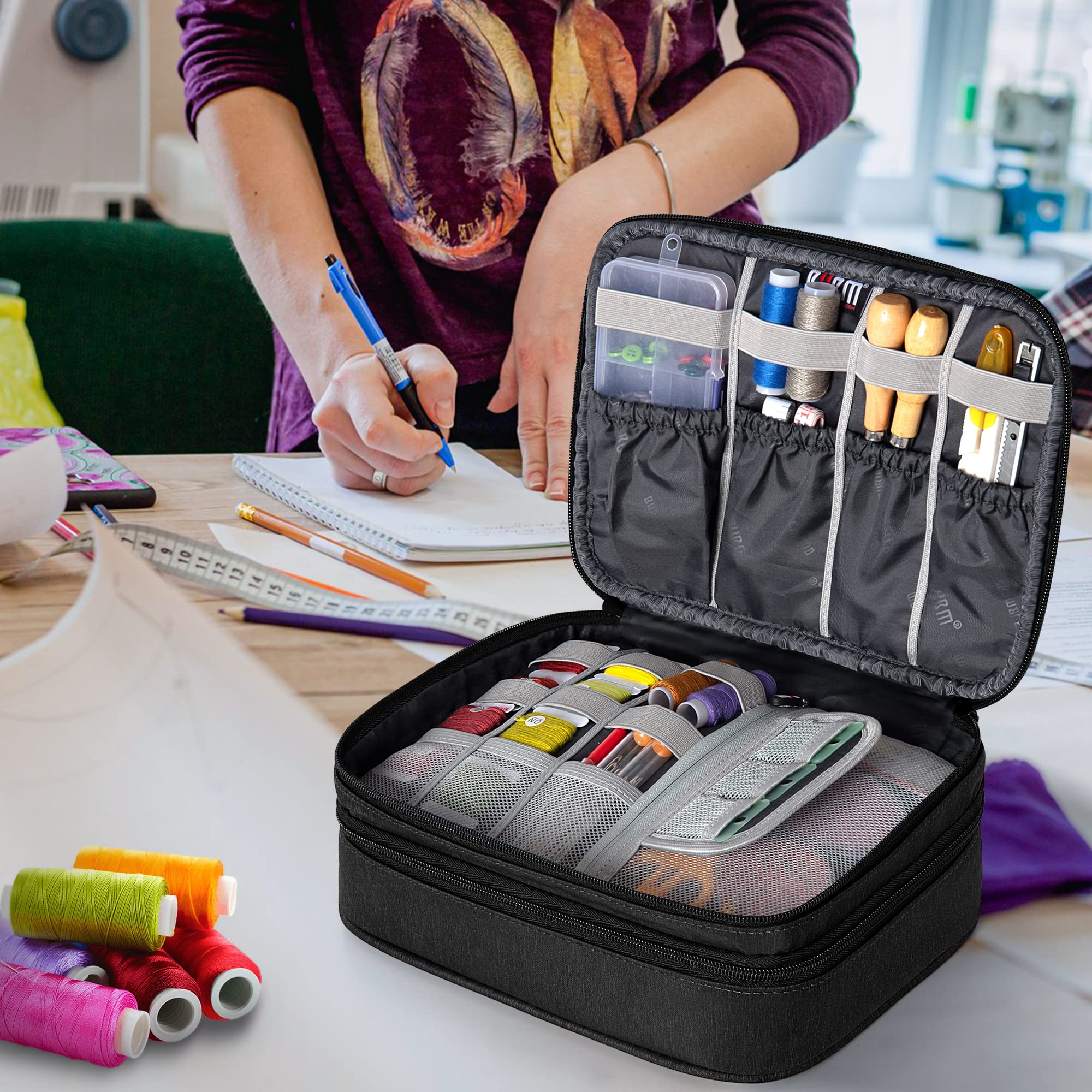 BUBM Double Layer Sewing Organizer with Detachable Dividers - Medium Black Sewing Kit Storage Bag for Needles, Thread & Notions | Perfect for Travel, Home Crafting & Sewing Projects