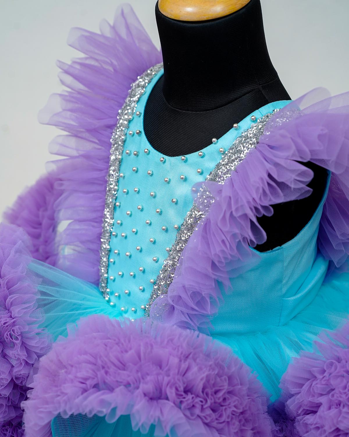Pre Order: Baby Blue & Lavender Party Dress for Girls with Frilled Yoke - Perfect for Birthday Parties, Weddings & Special Occasions