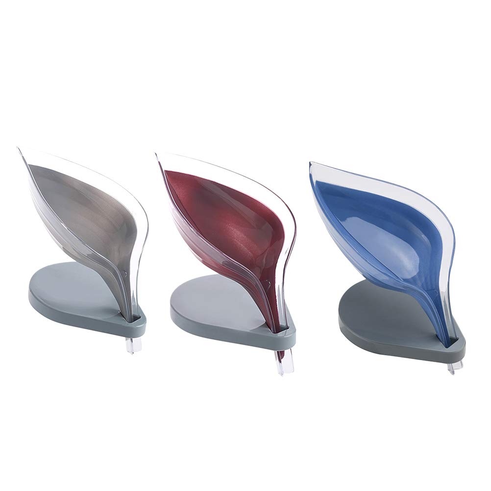 3Pcs Silicone Leaf-Shaped Soap Dish - Non-Slip Punch-Free Soap Holder for Bathroom, Kitchen Sink - Soap Storage Box (Blue, Purple, Grey) - Perfect for Shower, Vanity & Travel Organizer