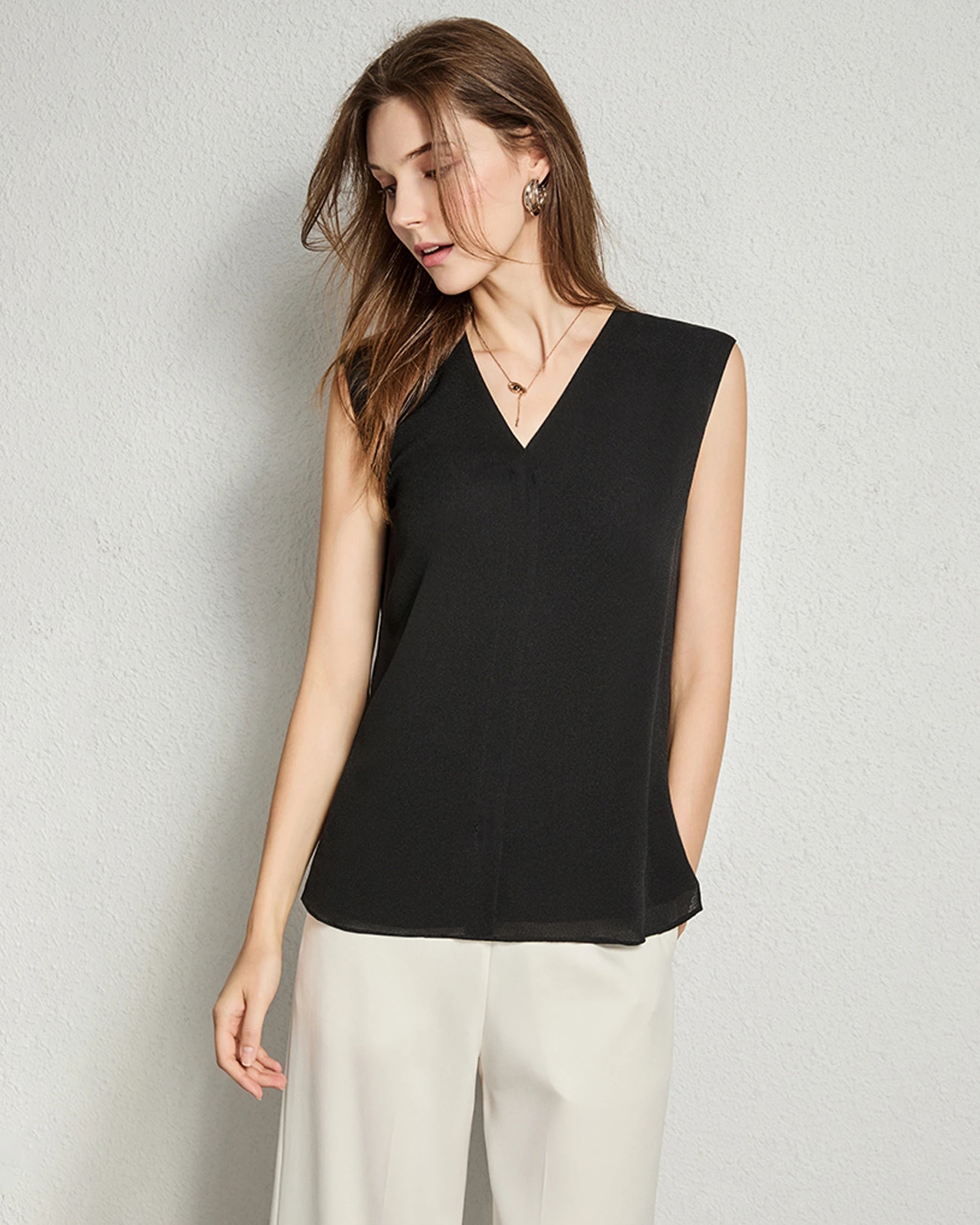 Split V-Neck Sleeveless Silk Blouse for Women - Elegant Summer Casual & Evening Wear - Perfect for Office, Date Night & Special Occasions