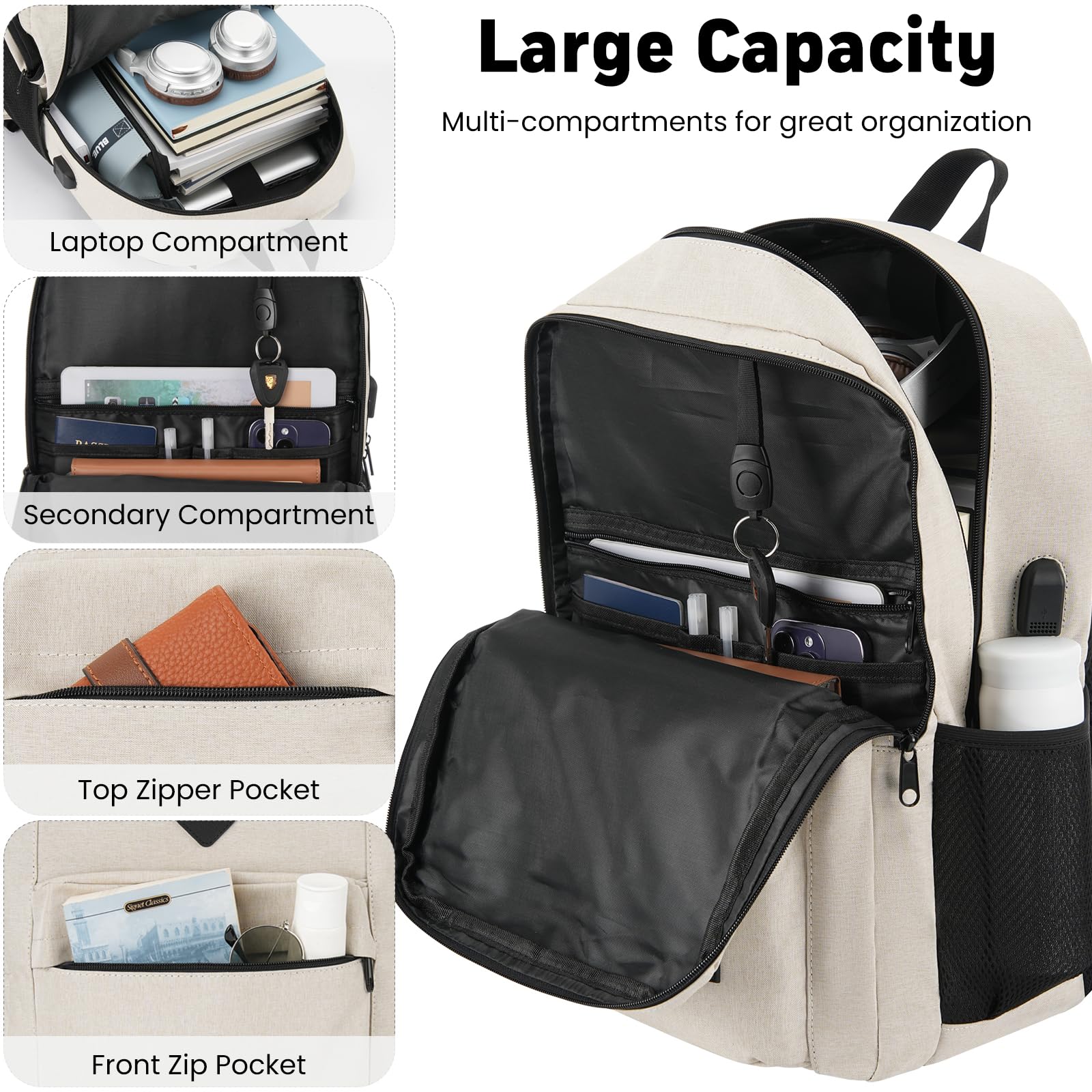 Stylish 15.6 Inch Laptop Backpack for Men & Women - Durable School Bookbag with USB Charging Port & 2 Compartments - Perfect for College, Work, Travel & Business (Beige) - Ideal for Daily Commute, Campus Life & Business Trips