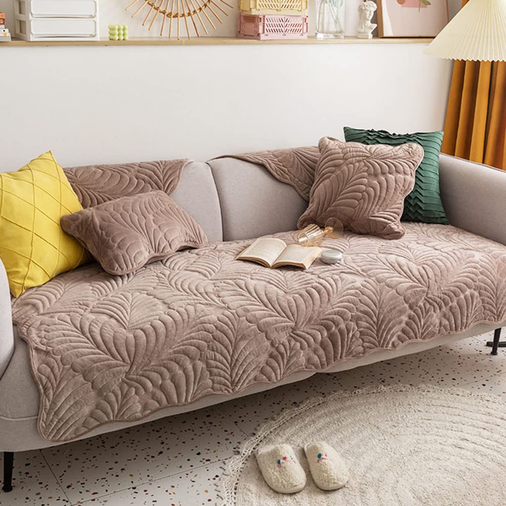 VCTOPS Super Soft Flannel Sectional Couch Cover - Leaf Pattern Non-Slip Quilted L-Shaped Sofa Slipcover, Plush Thickened for Kids, Dogs & Pets (Coffee, 43
