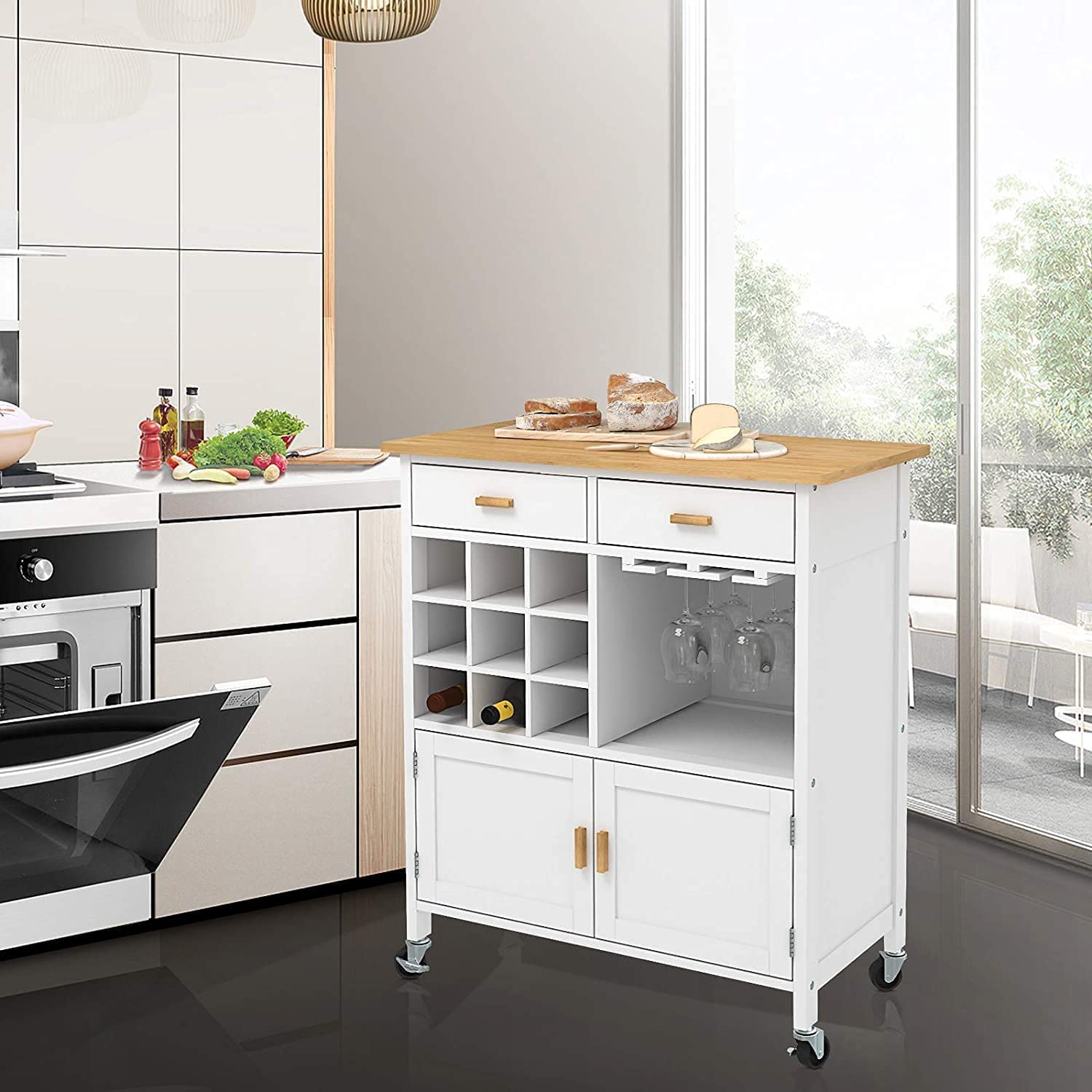Goujxcy Rolling Kitchen Island with Storage - Mobile Kitchen Cart with Drawer, Door Cabinet & Open Shelf, Large Trolley for Dining Room, Perfect for Small Spaces & Home Organization