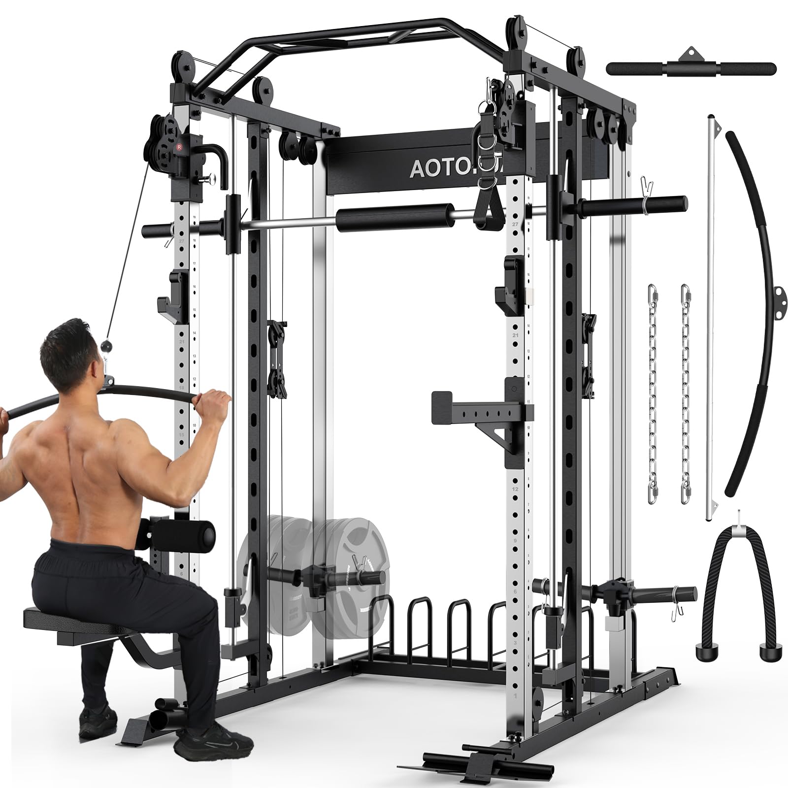 Smith Machine Squat Rack with Lat Pulldown & Cable Crossover - Power Cage Home Gym Equipment for Strength Training, Weight Lifting & Full-Body Workouts - Perfect for Garage Gyms & Home Fitness Spaces