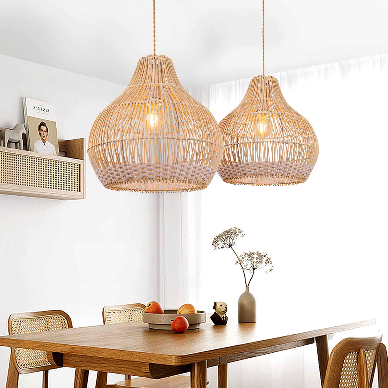 Arturesthome Coastal Rattan Pendant Light - Handmade Woven Wicker Chandelier for Kitchen Island, Living Room & Bedroom - White Round Ceiling Lamp with Natural Texture - Perfect for Farmhouse, Boho & Coastal Decor Styles